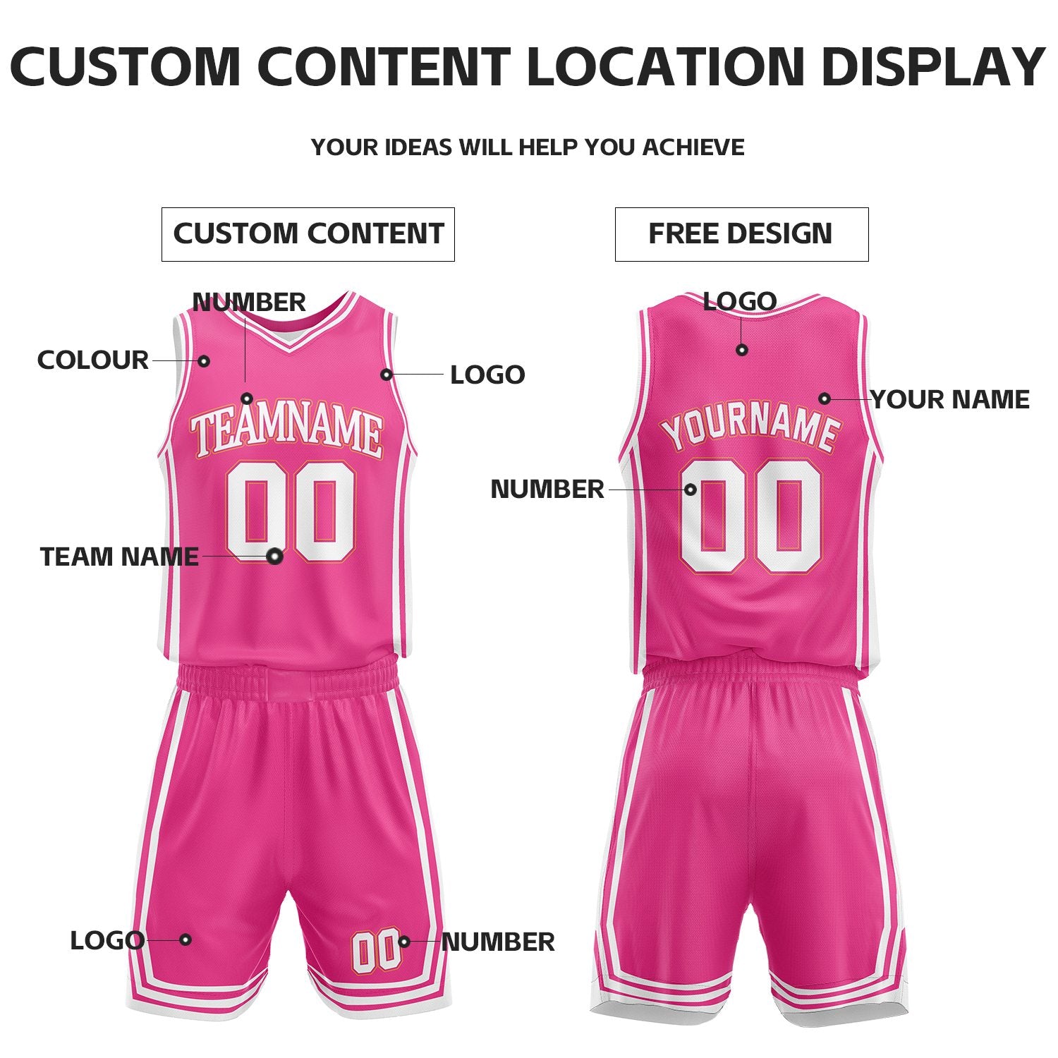 Custom Hot Pink & White Reversible Basketball Jersey Shorts Set | Personalized Full Vintage Team Uniform