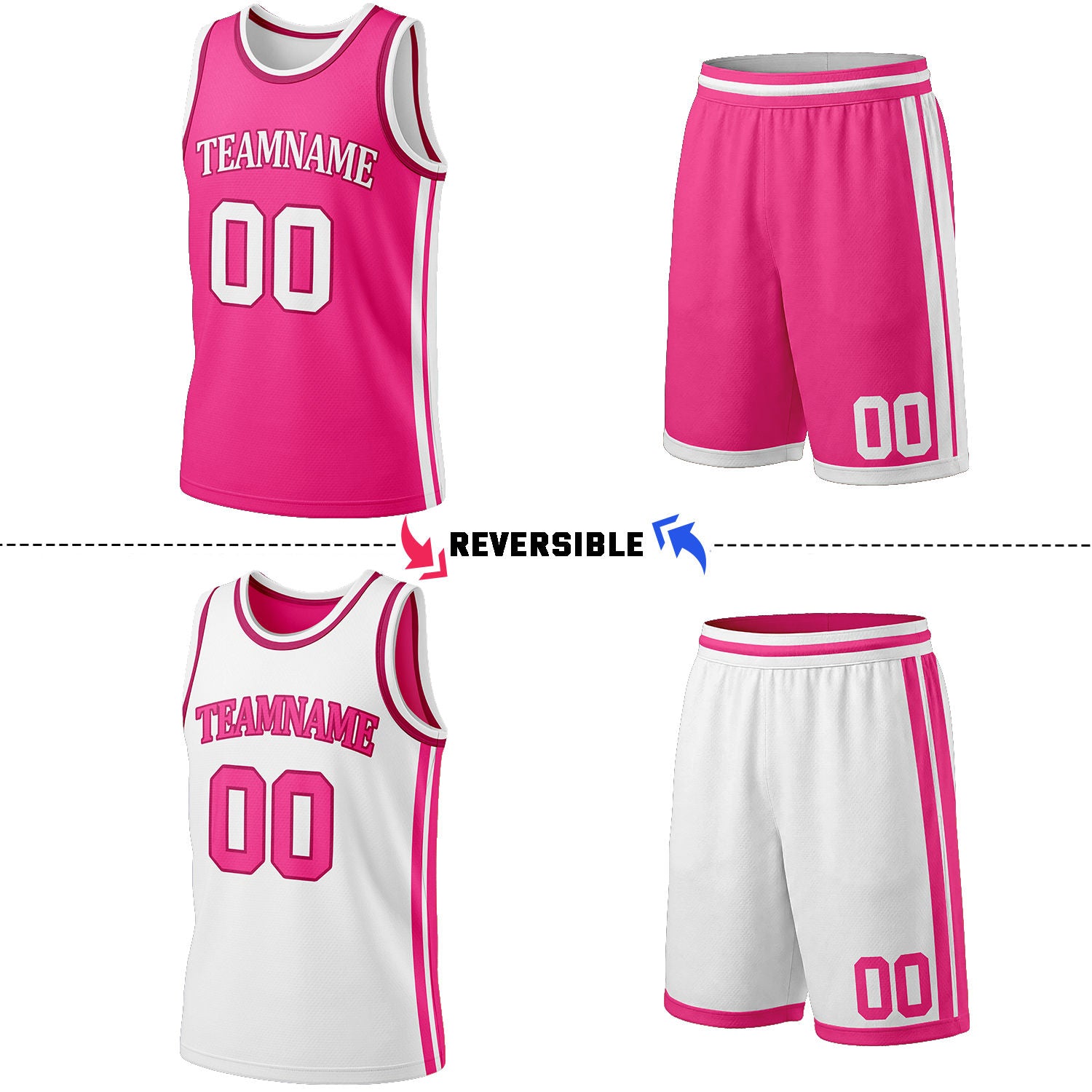 Custom Hot Pink & White Reversible Basketball Jersey Shorts Set | Personalized Full Team Uniform