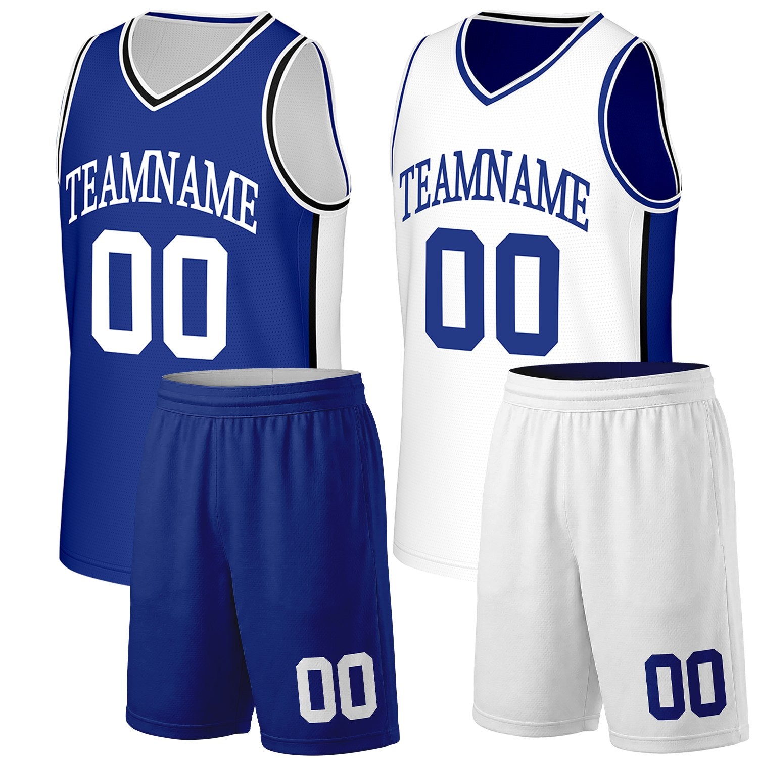 Custom intramural basketball team uniforms blue white reversible by Vosoli. Personalized team name, number & logo. Breathable mesh. Fast delivery.