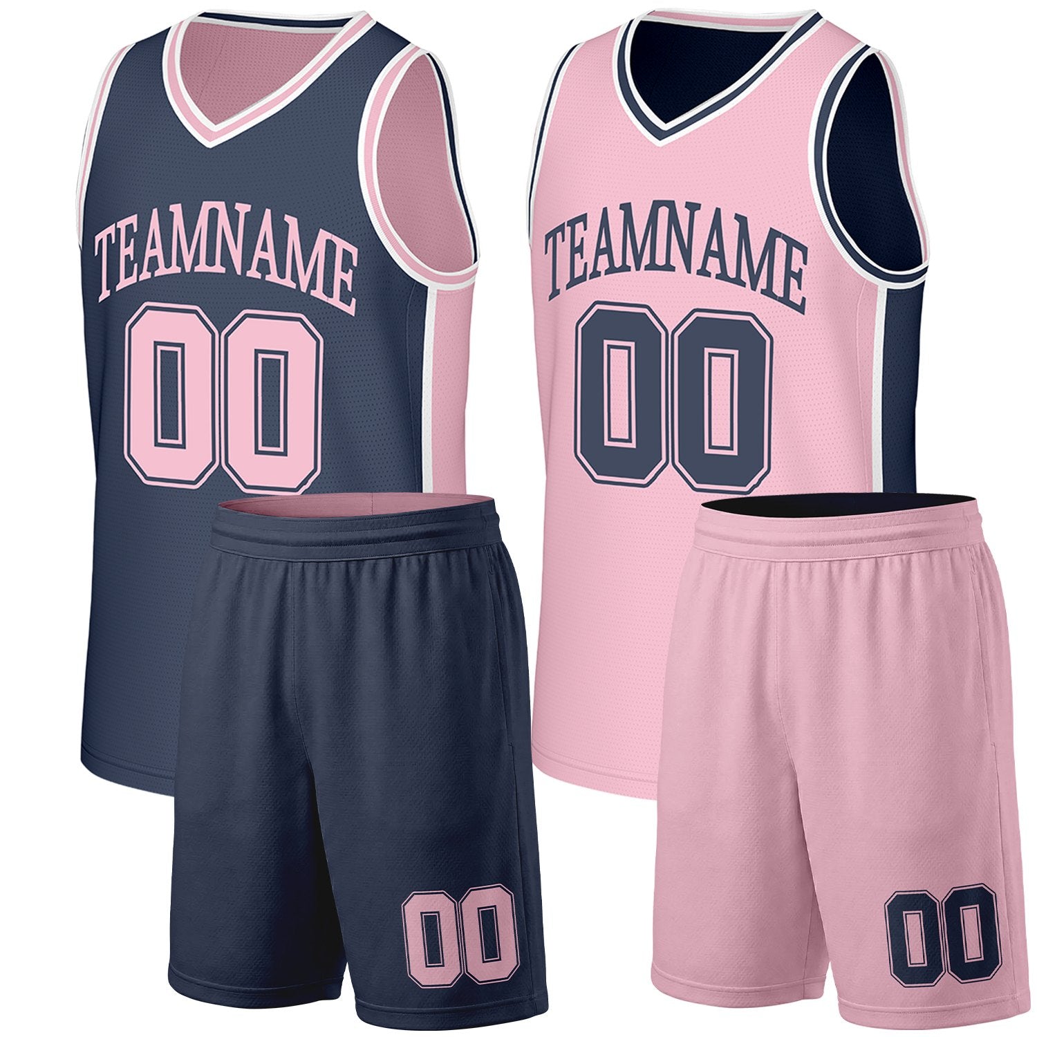 Custom intramural basketball team uniforms navy pink reversible by Vosoli. Personalized team name, number & logo. Breathable mesh. Fast delivery.