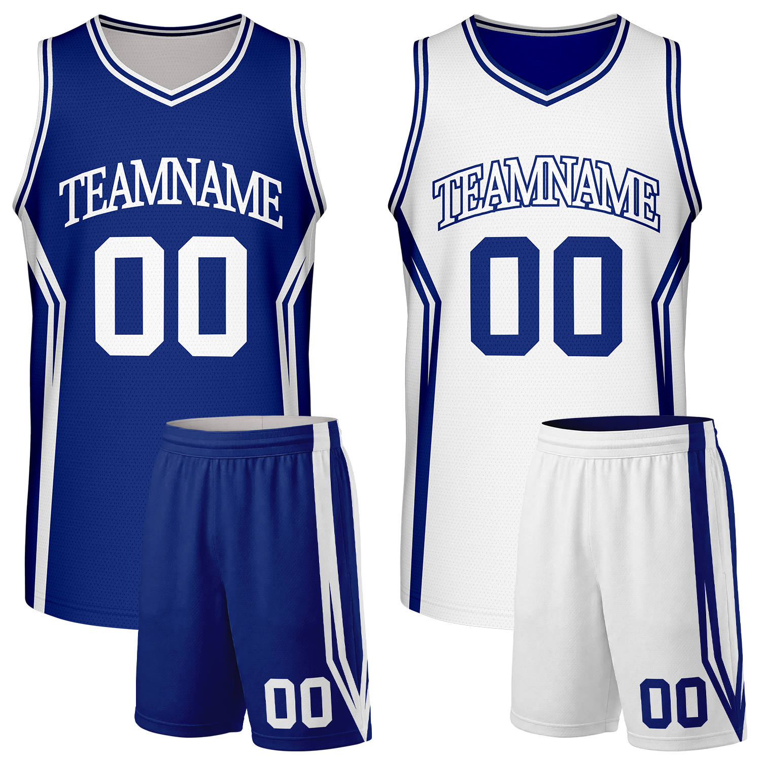 Custom royal blue and white intramural basketball team uniforms, reversible jersey and shorts set with personalized name & number, breathable mesh for adult & youth.