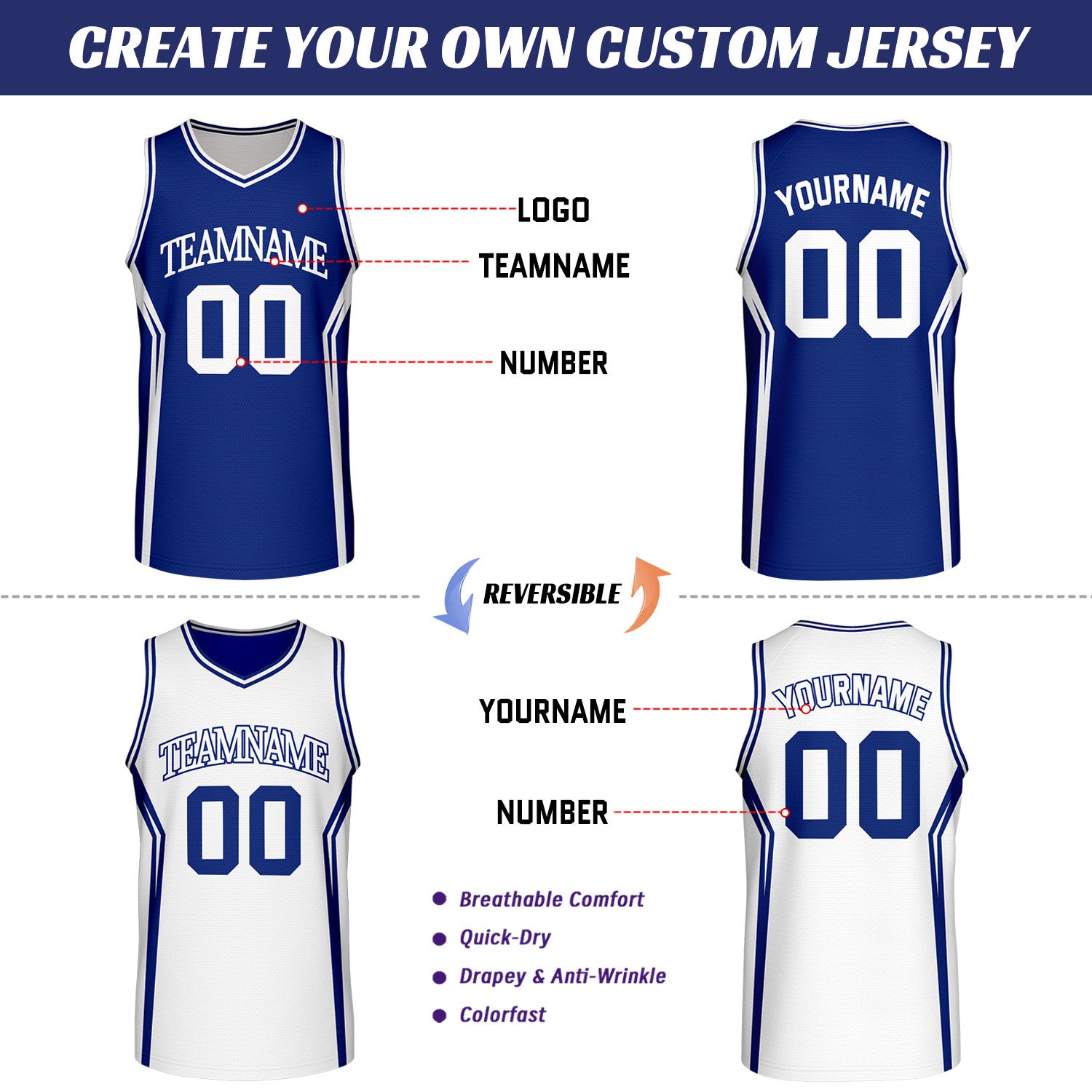 Custom Royal Blue & White Two Sided Basketball Uniform Set | Personalized Team Uniforms for Adult & Youth