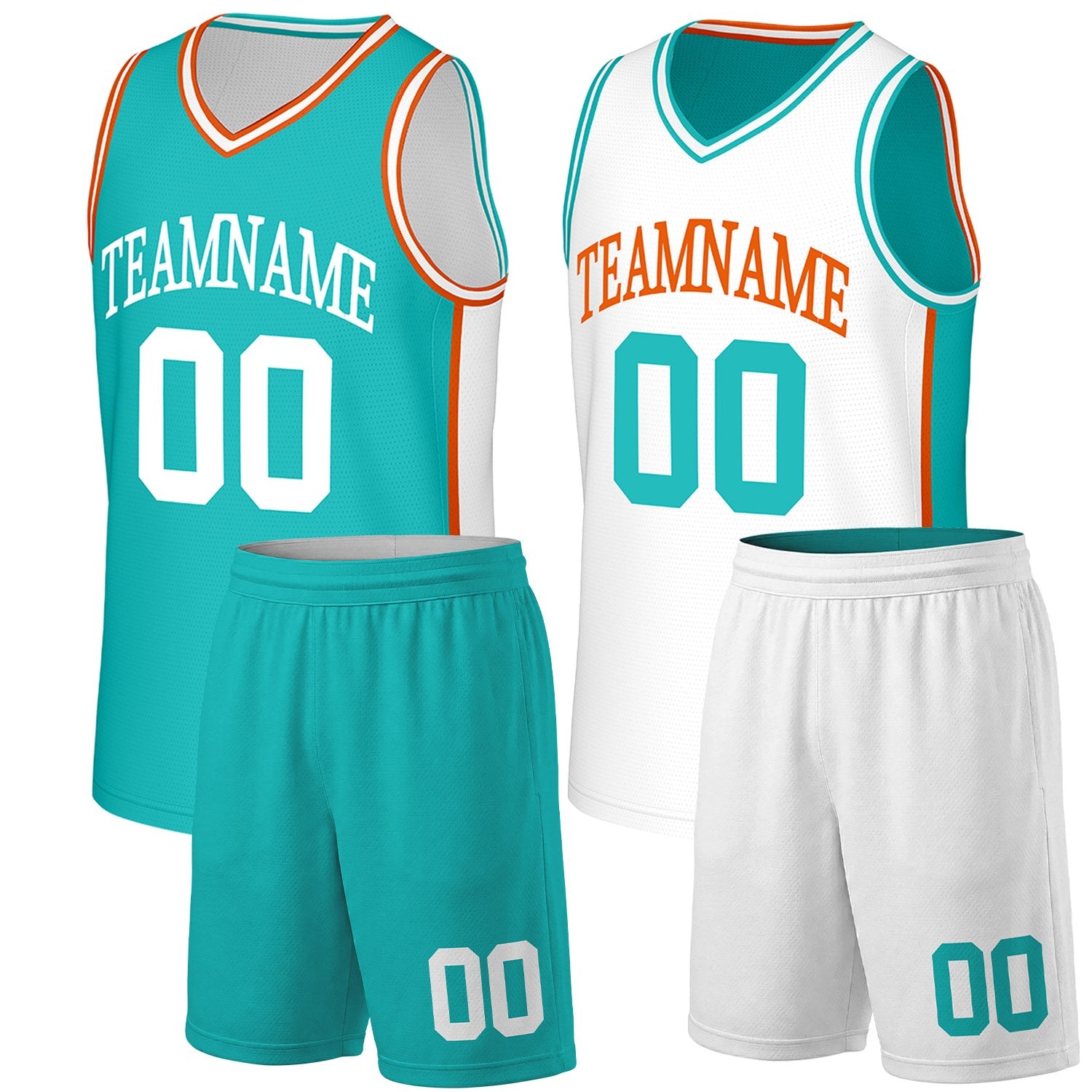 Custom junior high basketball uniforms teal white reversible by Vosoli. Personalized team name, number & logo. Breathable mesh. Fast delivery.