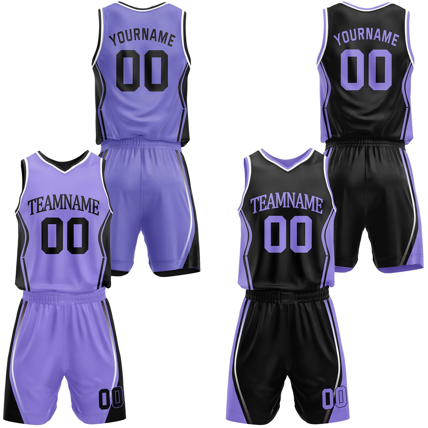 Custom lavender & black reversible basketball jersey shorts set by Vosoli | Personalized block team name number geometric uniform sportswear