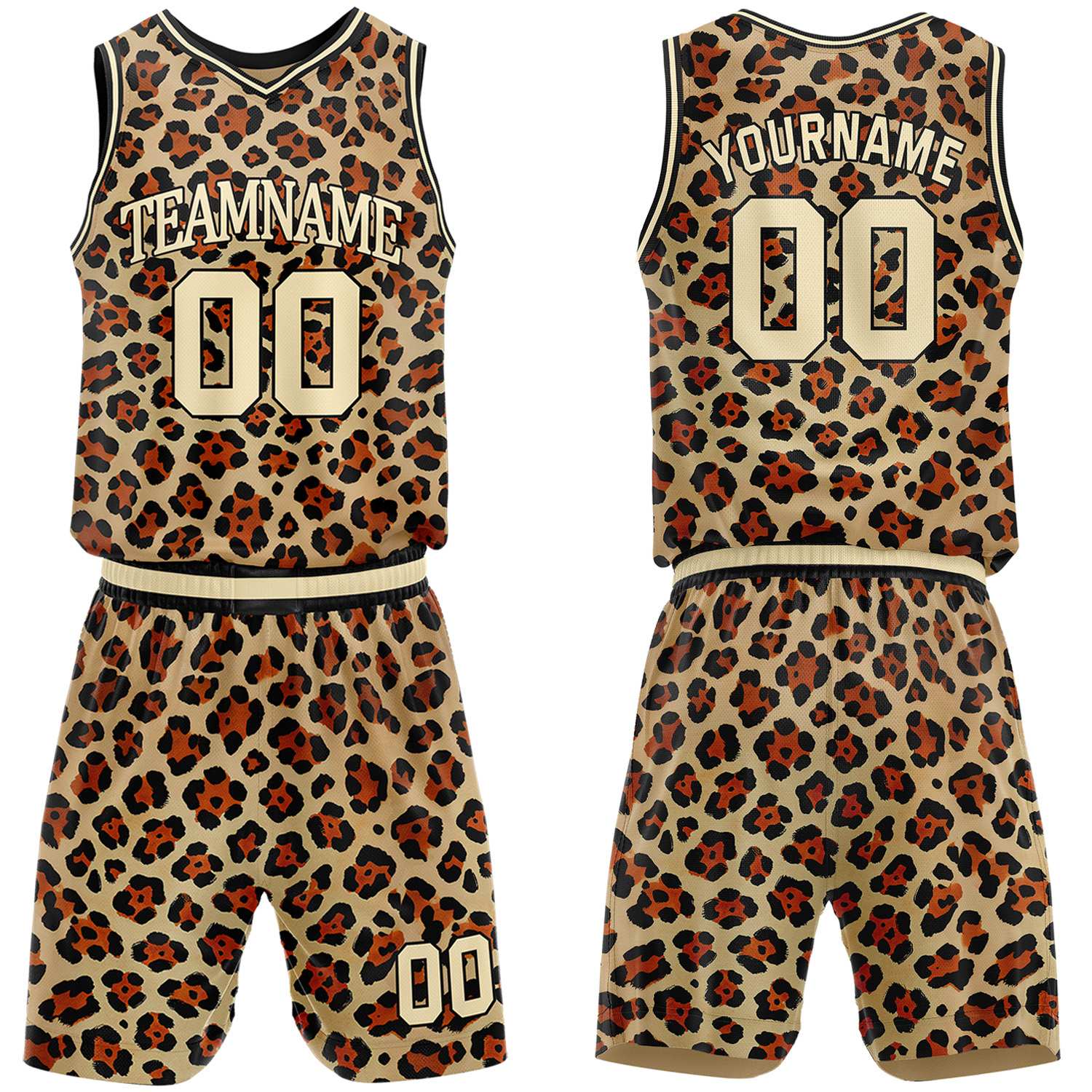 Custom leopard print basketball jersey & shorts set by Vosoli | Personalized team name & number sportswear
