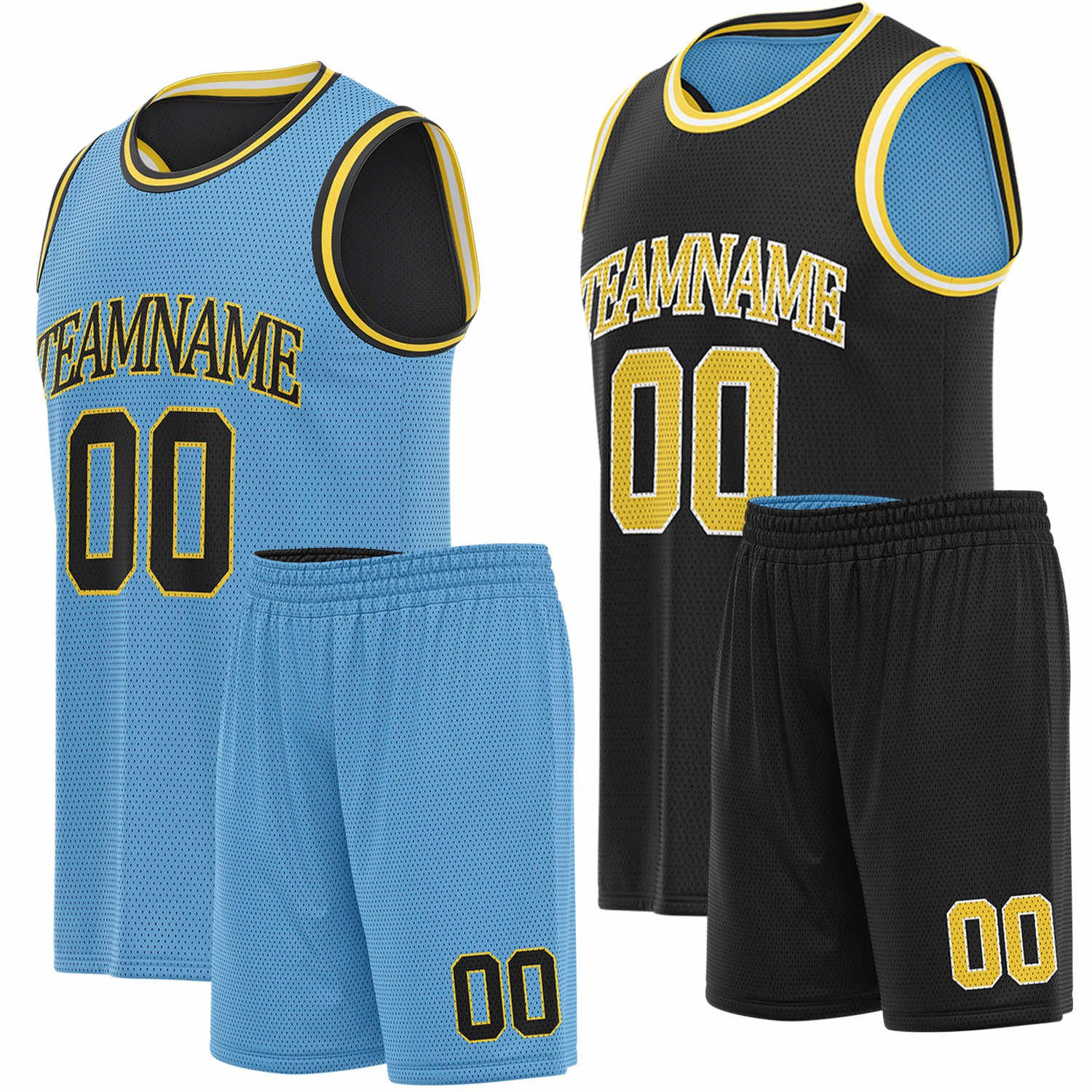 Custom light blue, black & gold basketball jersey set, personalized name number team logo, sleeveless jersey with matching shorts sports uniform for men women youth adult game practice - Vosoli