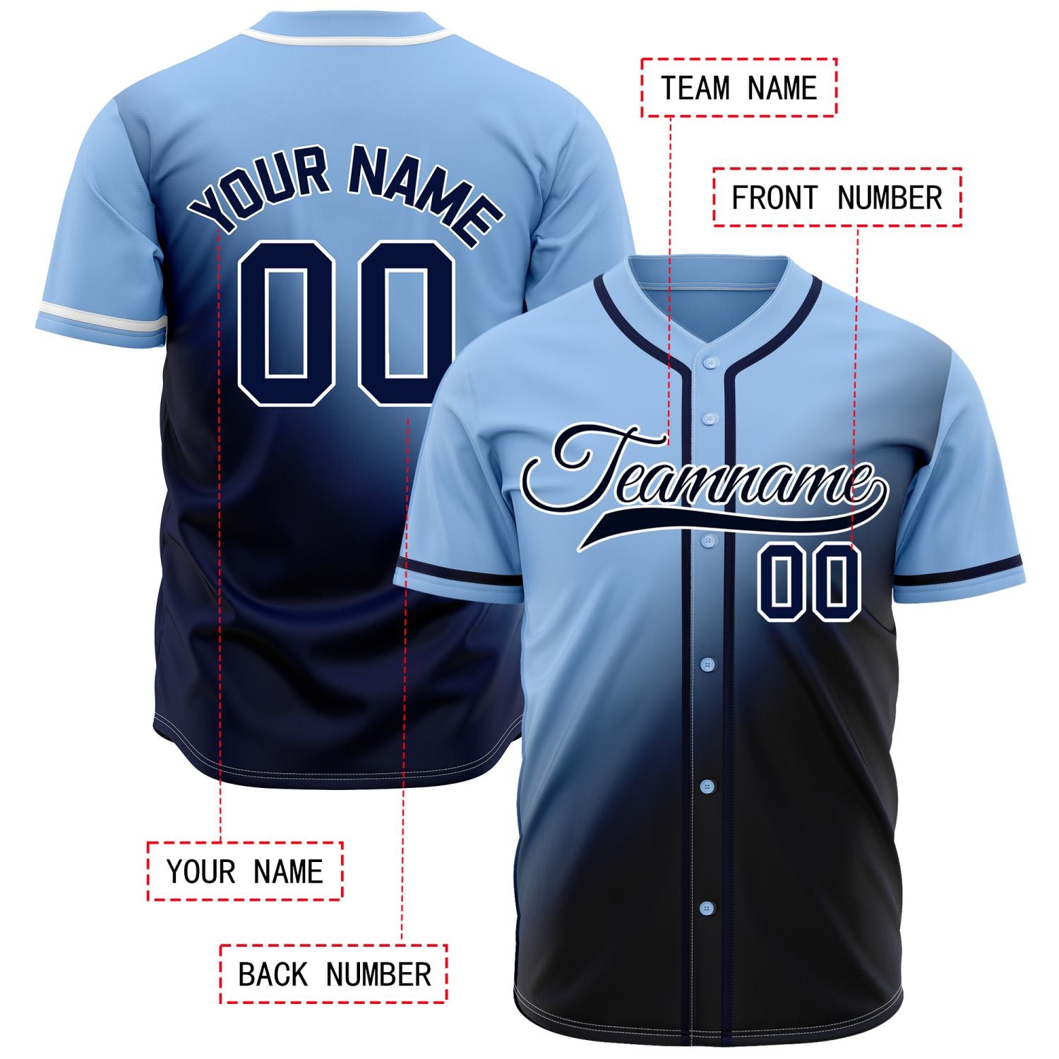 Custom Light Blue and Black Gradient Baseball Jersey - Personalized Team Uniforms