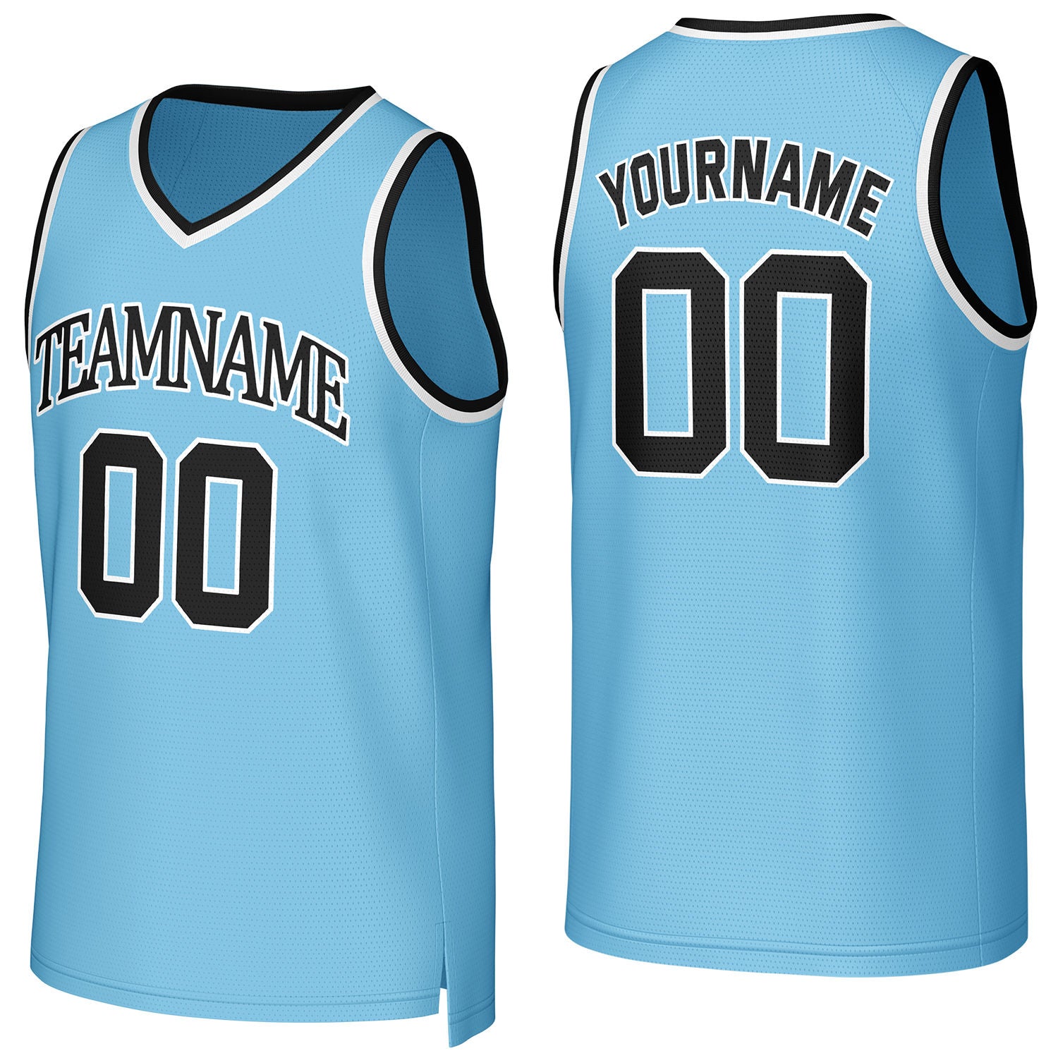 Custom light blue-black V-neck mesh basketball jersey by Vosoli | Personalized name & number team uniform for youth & adults