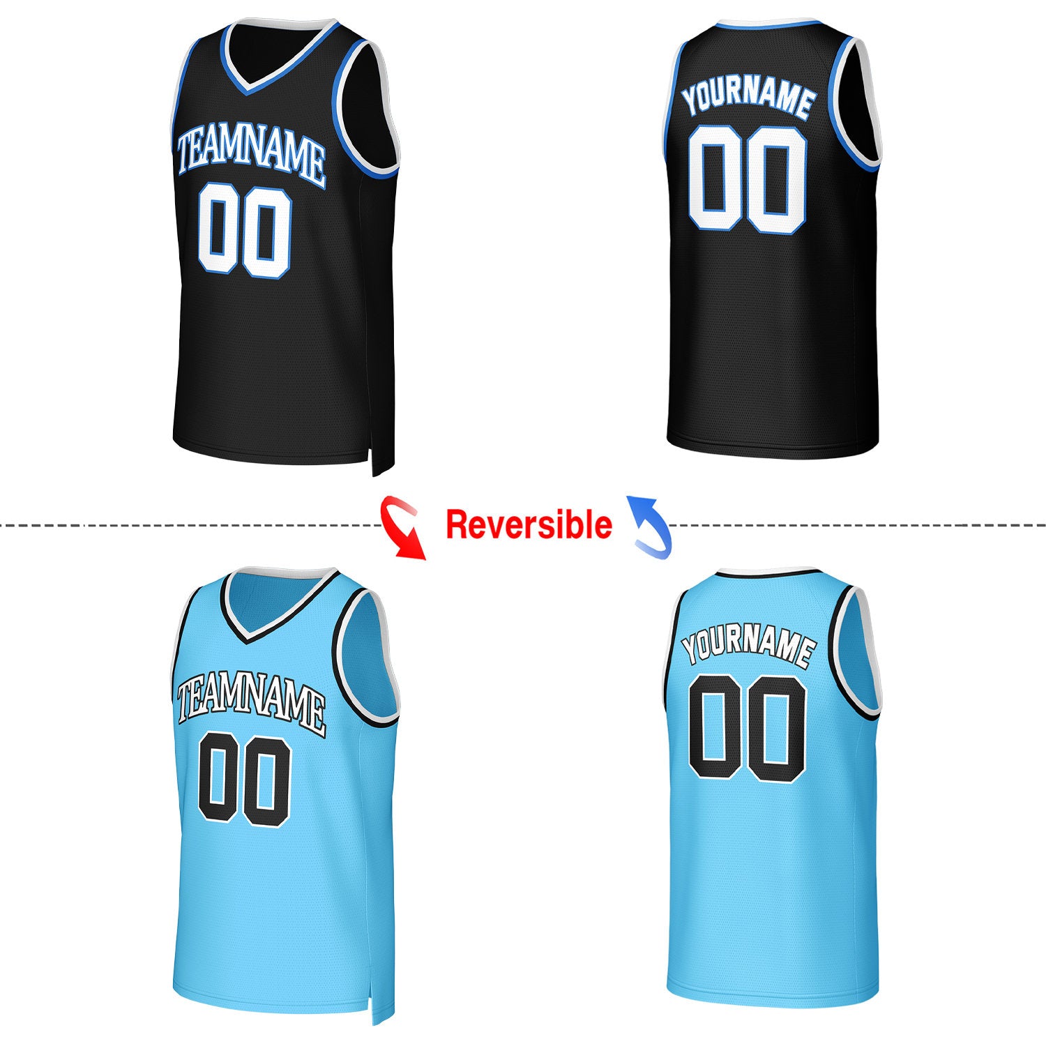 Custom Light Blue & Black Reversible Basketball Jersey | Personalized Team Uniform