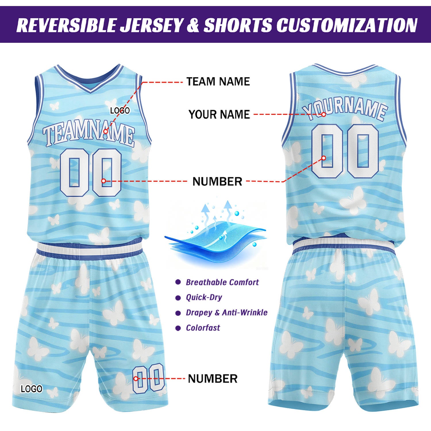 Custom Light Blue Zebra & Butterfly Basketball Jersey & Shorts Set | Personalized Team Uniform