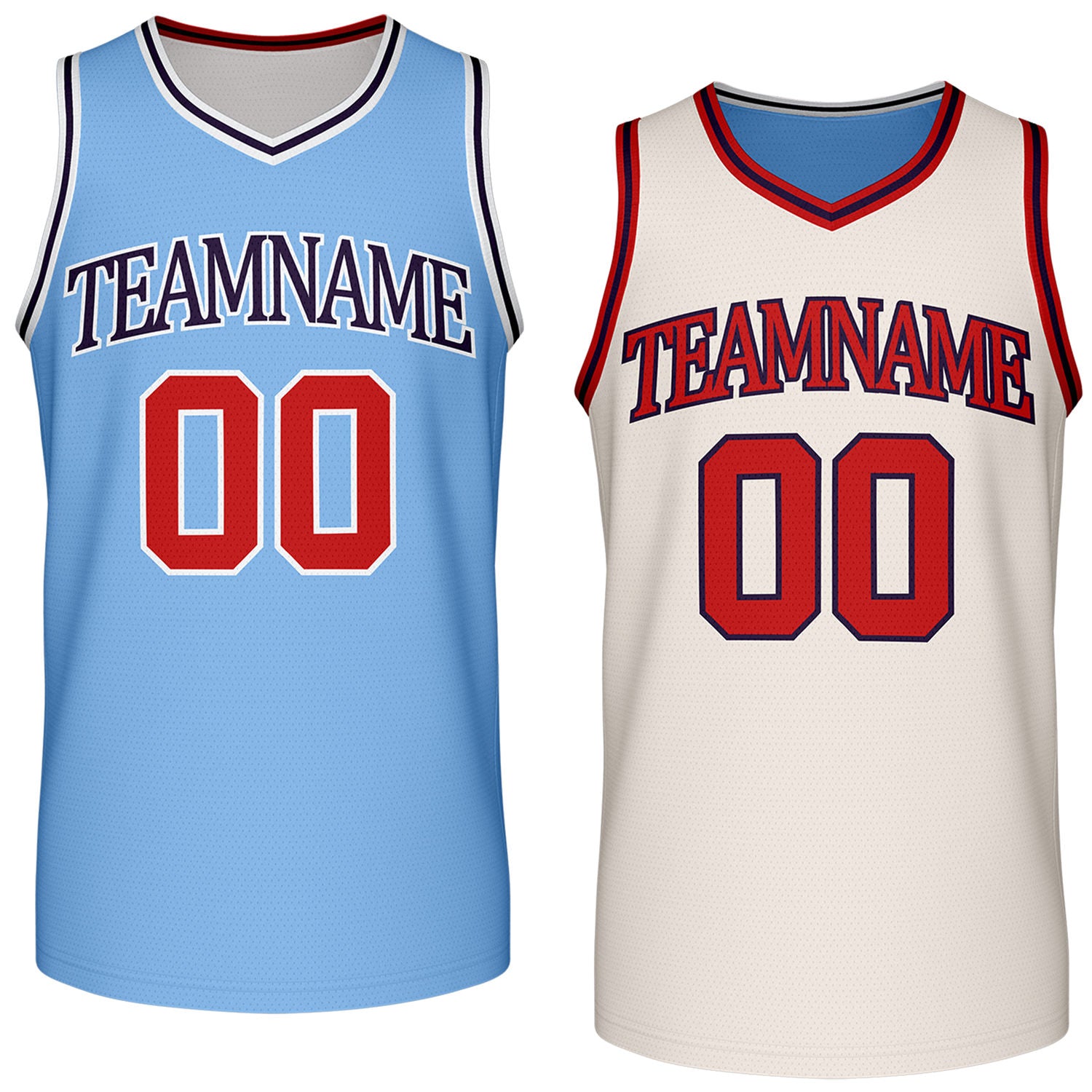 Custom reversible retro light blue & cream basketball jersey, personalized team name & number, 2-in-1 sleeveless uniform for men women youth adult game practice - Vosoli