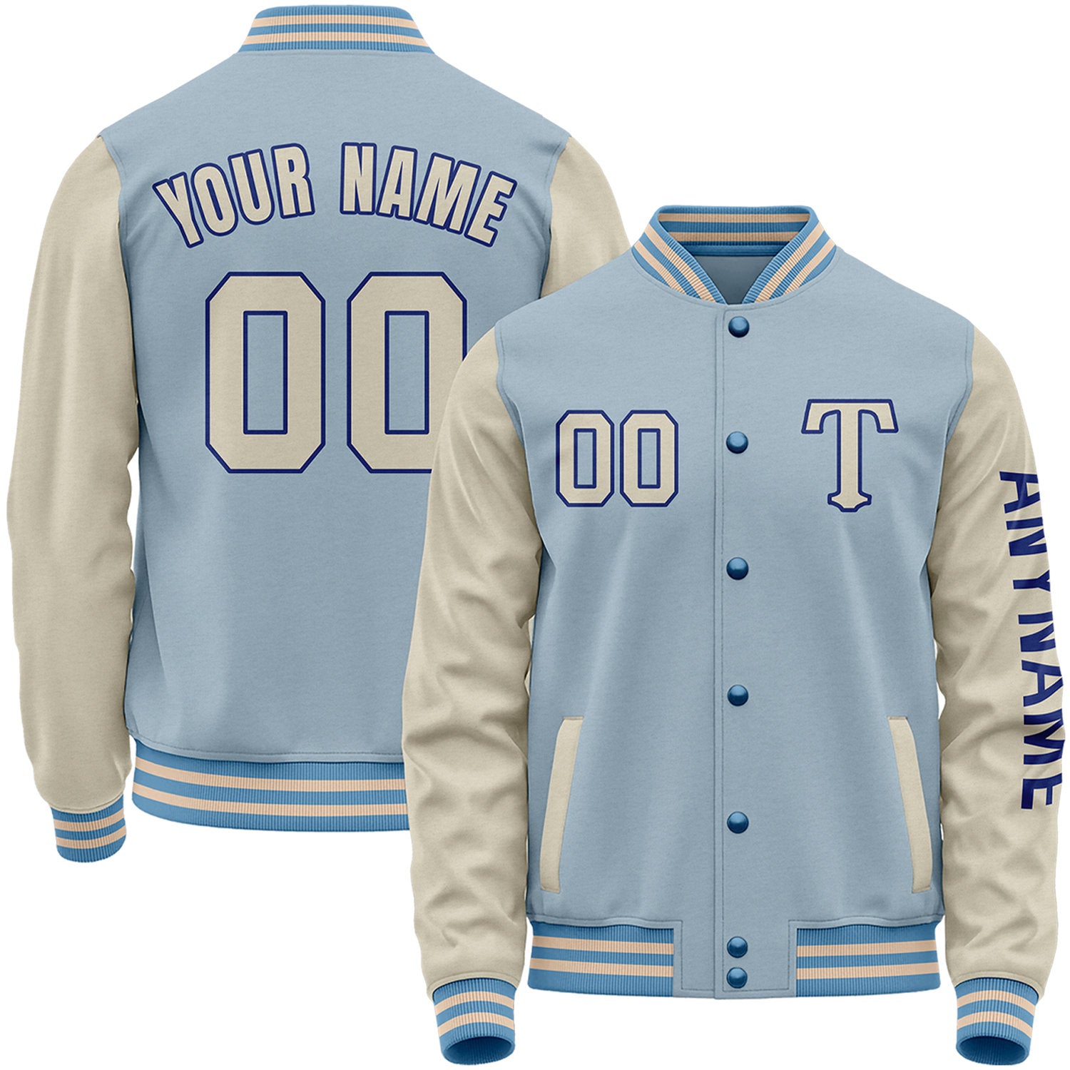 Custom light blue and cream team baseball jackets by Vosoli with stitched name, number and logo. Classic varsity jackets for baseball and casual wear.