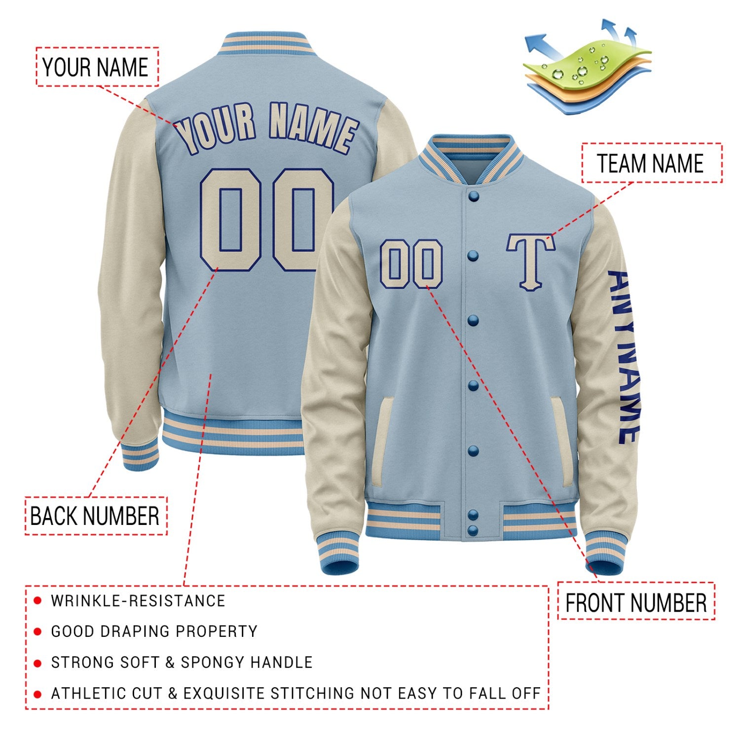 Custom Light Blue & Cream Varsity Letterman Jacket | Personalized Baseball Bomber Coat for Adult & Youth