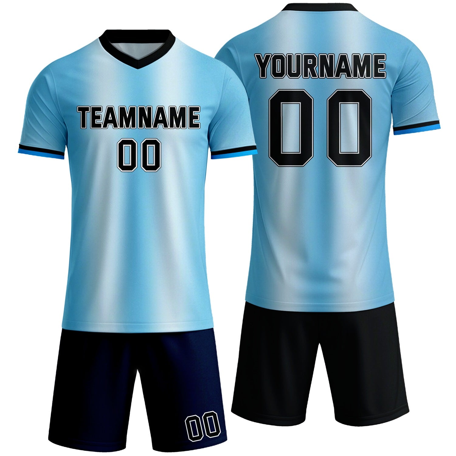 Custom light blue gradient soccer jersey set, personalized name number team logo, short-sleeve jersey with matching shorts sports uniform for men women youth adult game practice - Vosoli