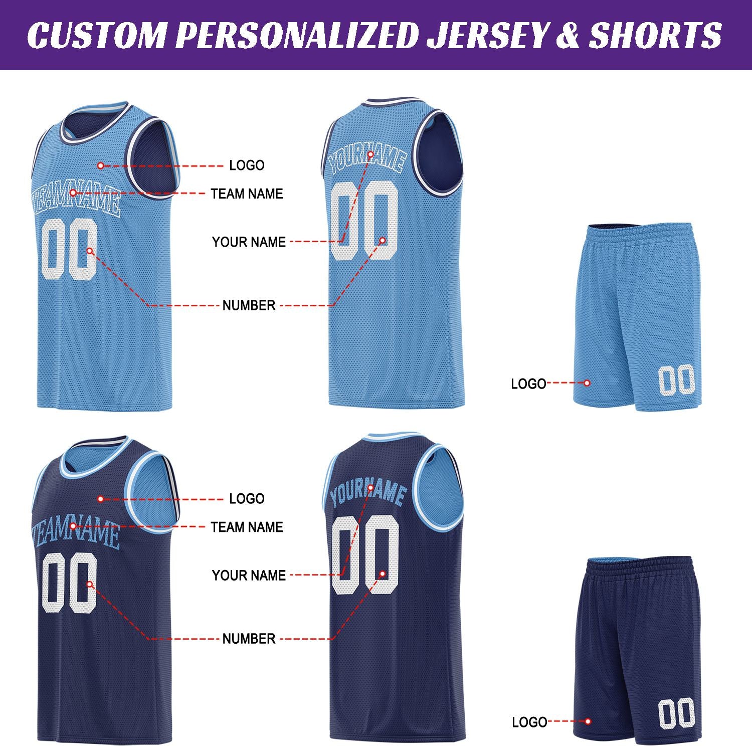 Custom Light Blue & Navy Basketball Jersey Set | Personalized Team Uniform | Vosoli