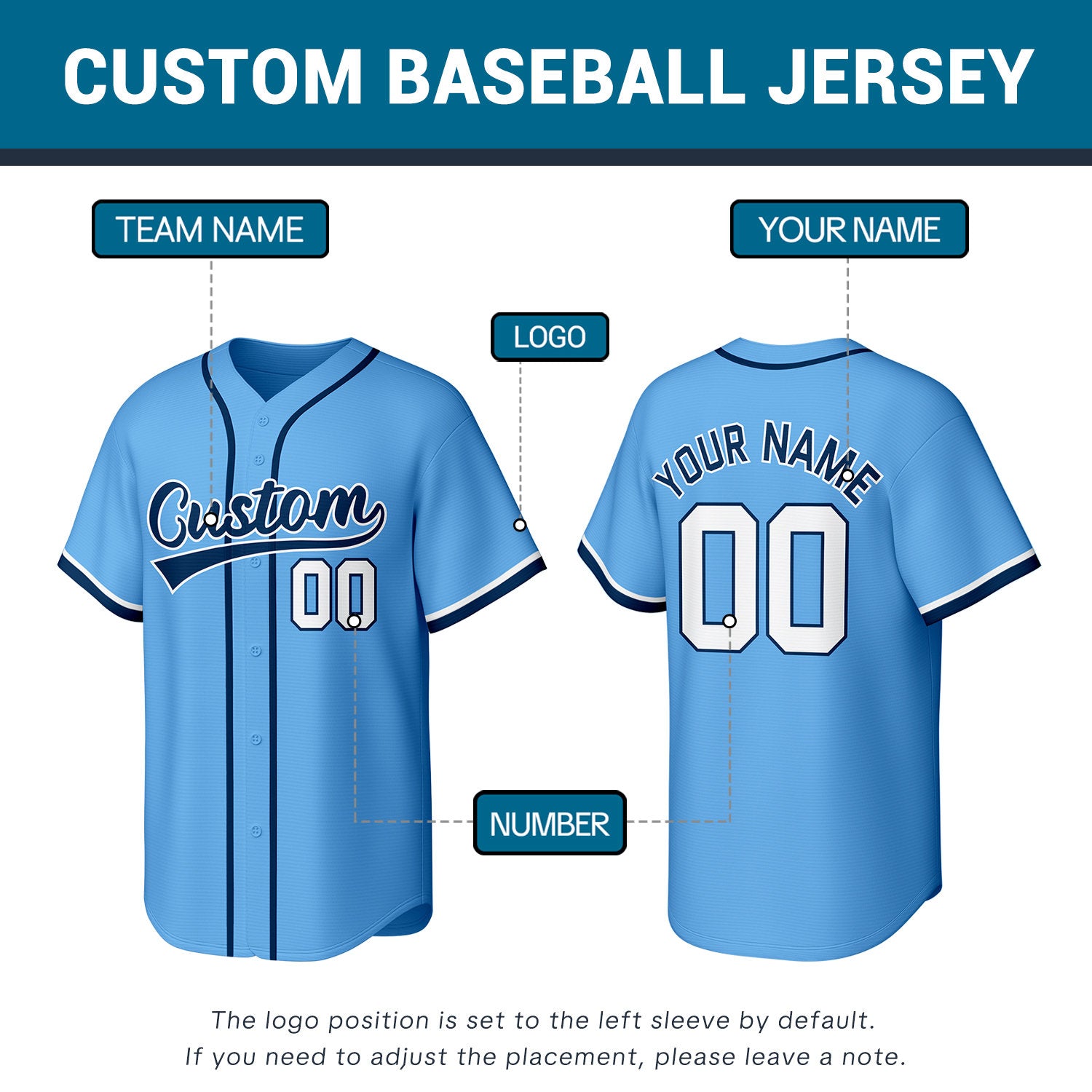 Custom Stitched Baseball Jersey Light Blue Navy White | Personalized Name & Number | Team Uniform