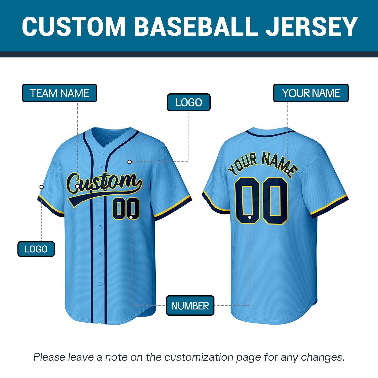 Custom Stitched Baseball Jersey Light Blue Navy Yellow | Personalized Name & Number | Team Uniform