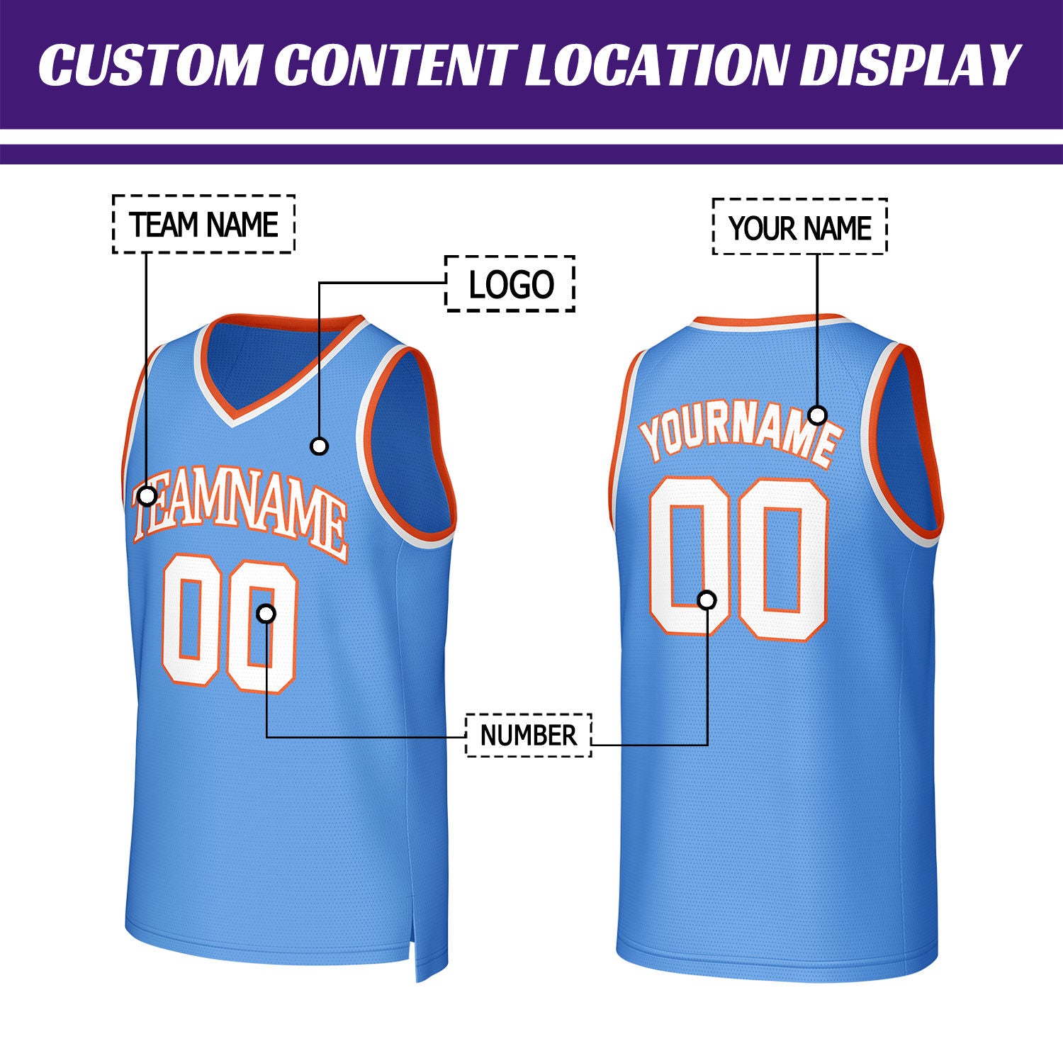 Custom Light Blue & Orange Mesh Basketball Jersey | Personalized Name & Number Team Uniform