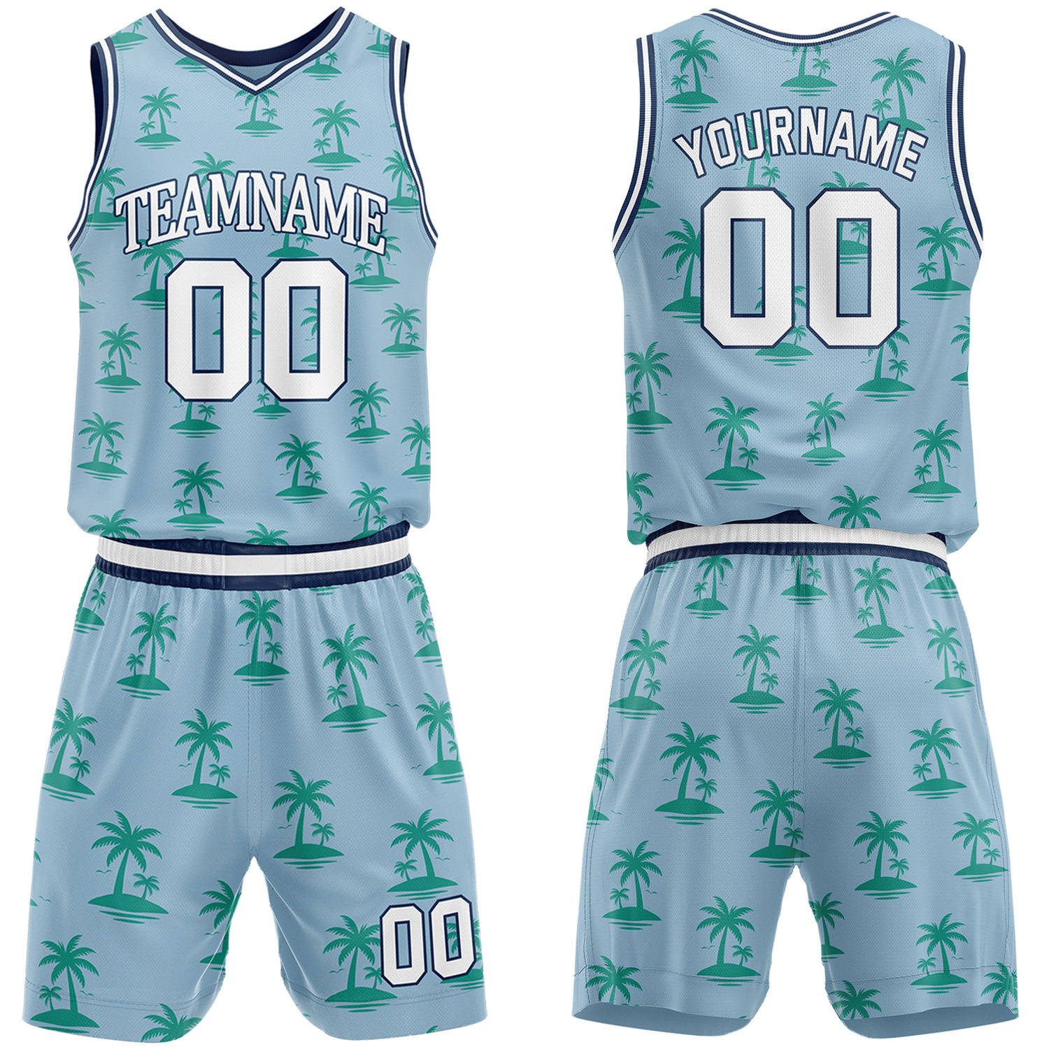Custom light blue palm tree pattern basketball jersey & shorts set by Vosoli | Personalized team name & number sportswear