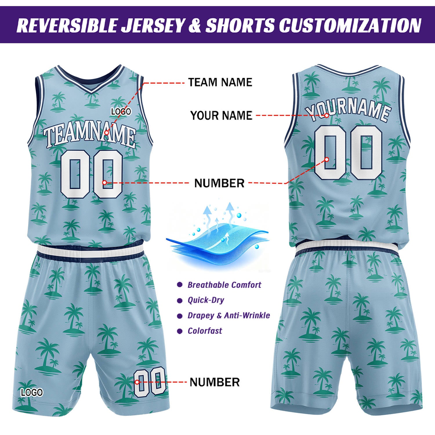 Custom Light Blue Palm Tree Basketball Jersey & Shorts Set | Personalized Team Uniform