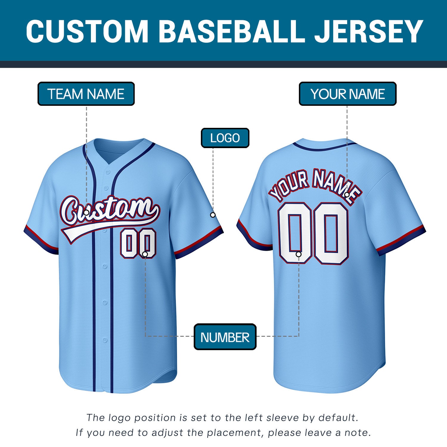 Custom Light Blue Stitched Baseball Jersey | Personalized Name & Number | Team Uniform