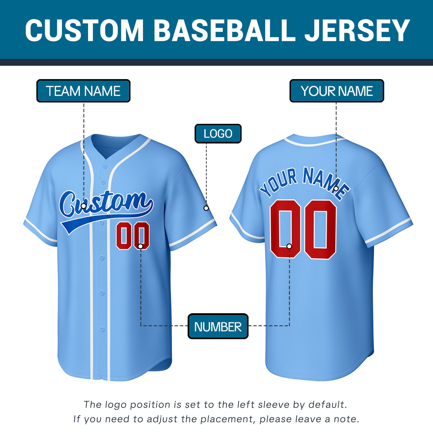 Custom Stitched Baseball Jersey Light Blue Red White | Personalized Name & Number | Team Uniform