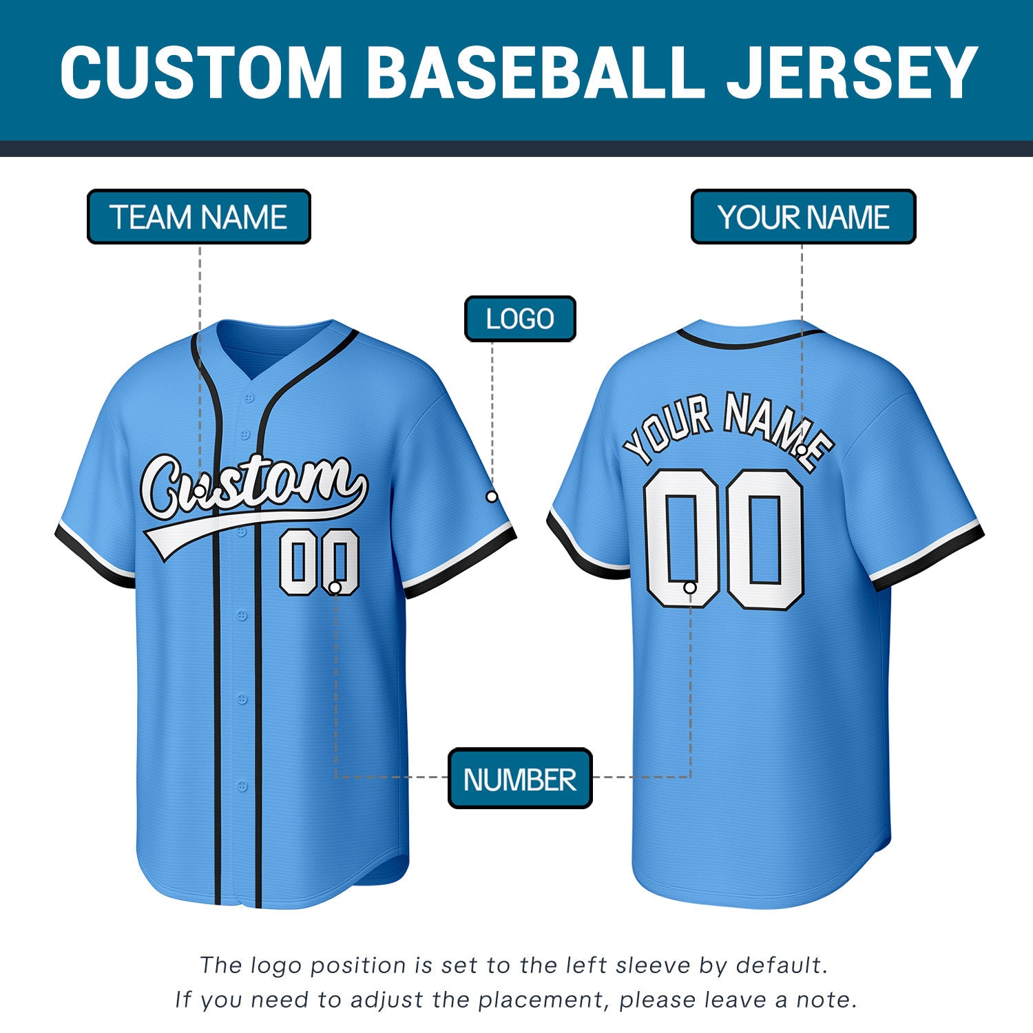 Custom Light Blue Stitched Baseball Jersey | Personalized Name & Number | Team Uniform