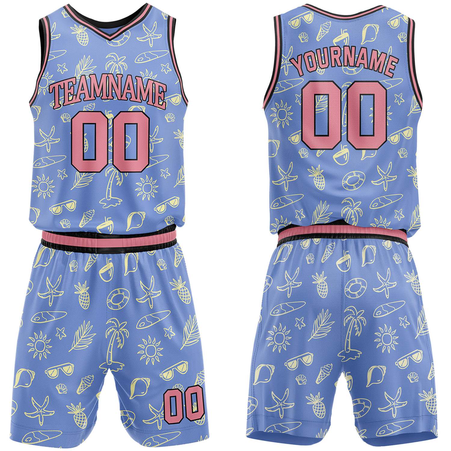 Custom light blue summer pattern basketball jersey & shorts set by Vosoli | Personalized team name & number sportswear