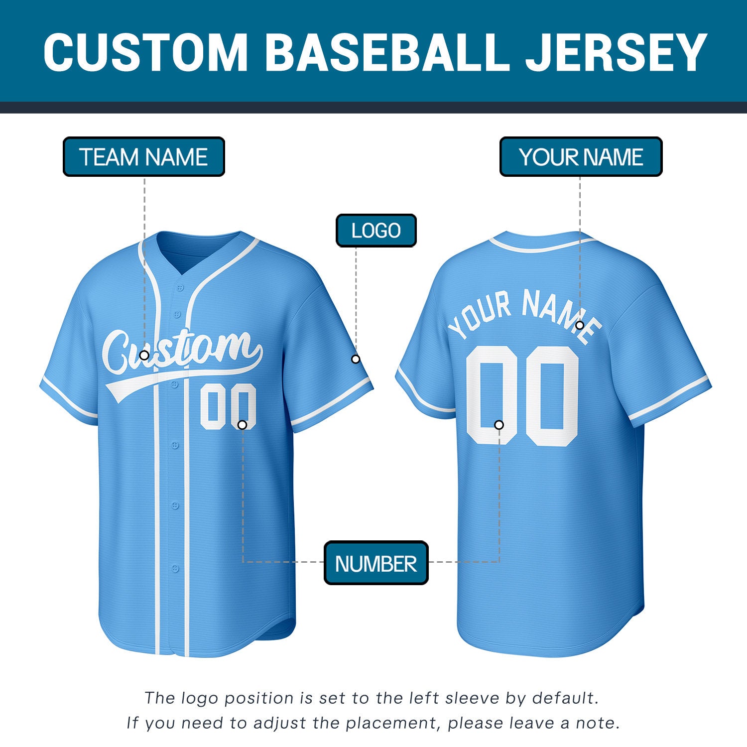 Custom Stitched Baseball Jersey Light Blue White | Personalized Name & Number | Team Uniform
