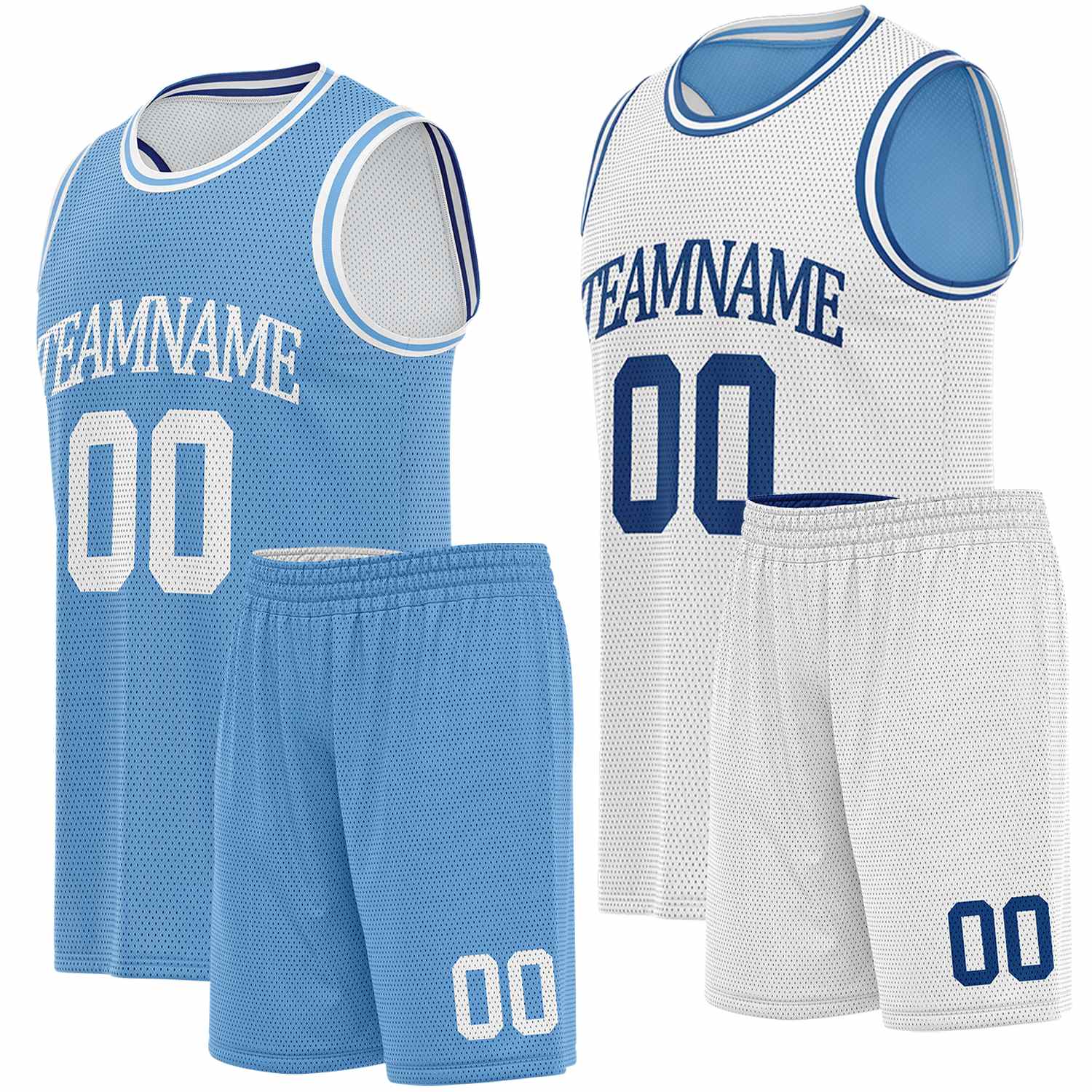 Custom light blue & white basketball jersey set, personalized name number team logo, sleeveless jersey with matching shorts sports uniform for men women youth adult game practice - Vosoli