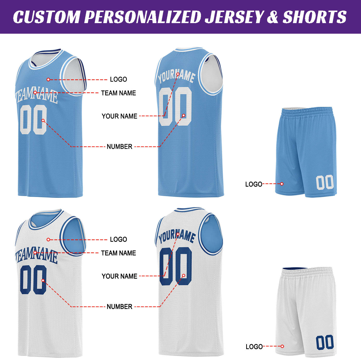 Custom Light Blue & White Basketball Jersey Set | Personalized Team Uniform | Vosoli