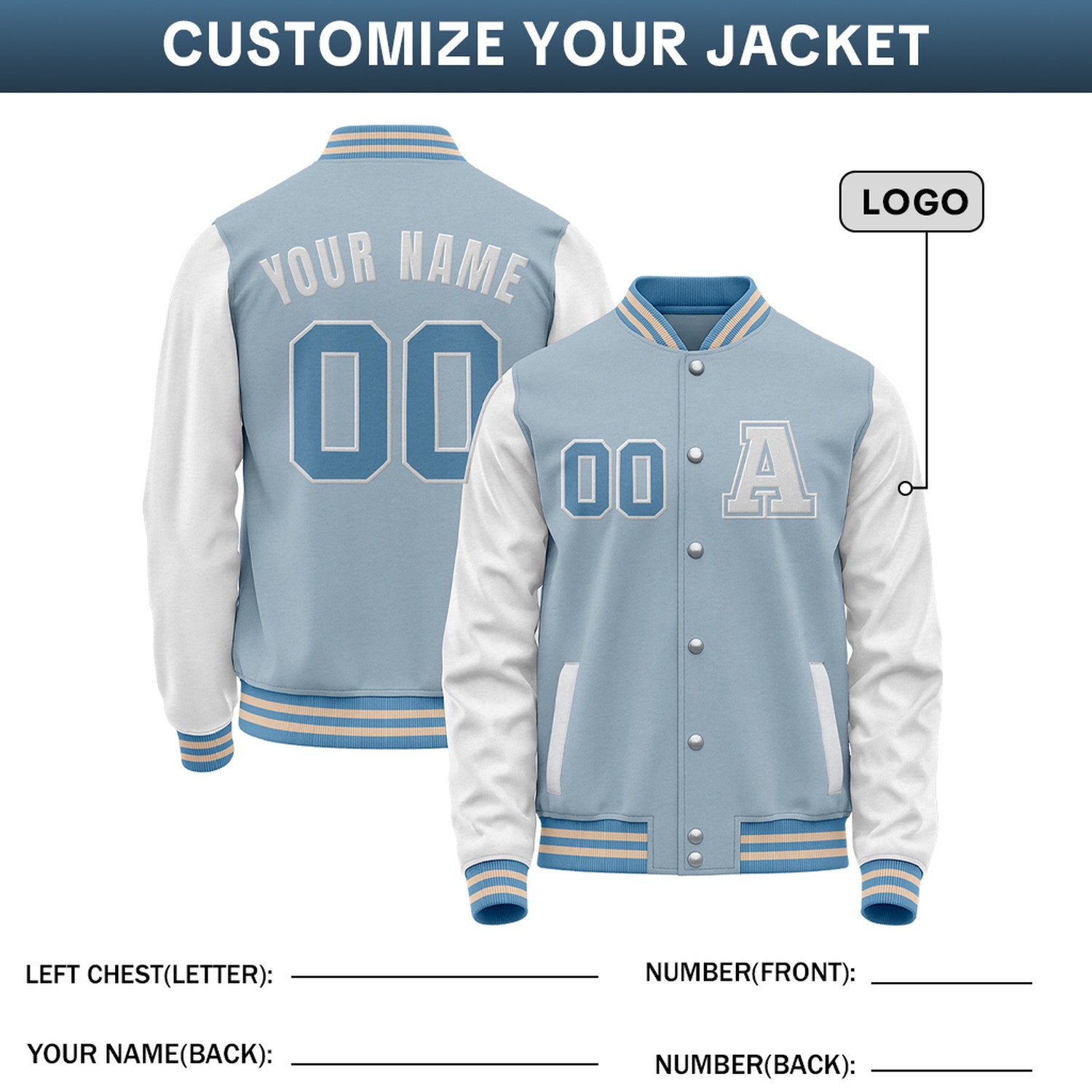 Custom Varsity Jacket with Stitched Name & Number | Light Blue & White Personalized Team Letterman Bomber
