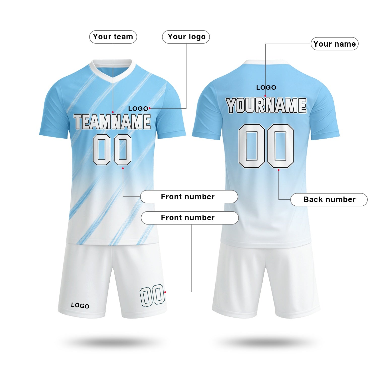 Custom Light Blue & White Gradient Soccer Jersey Set | Personalized Team Uniform | Vosoli