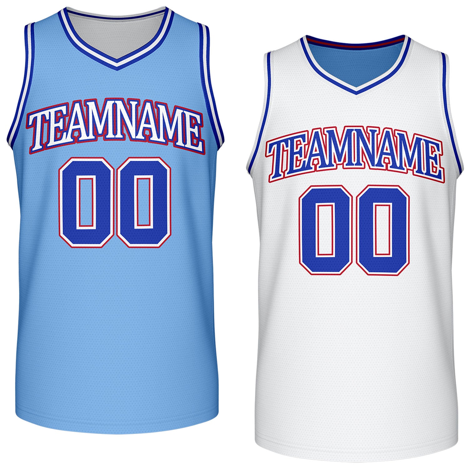 Custom reversible retro light blue & white basketball jersey, personalized team name & number, 2-in-1 sleeveless uniform for men women youth adult game practice - Vosoli