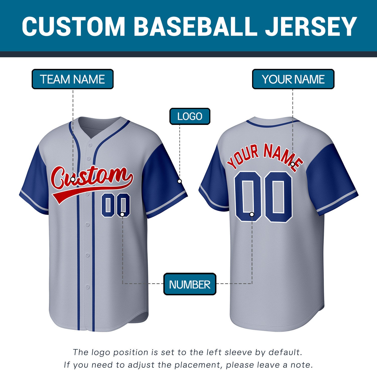 Custom Stitched Baseball Jersey Light Gray Blue Red | Personalized Name & Number | Team Uniform