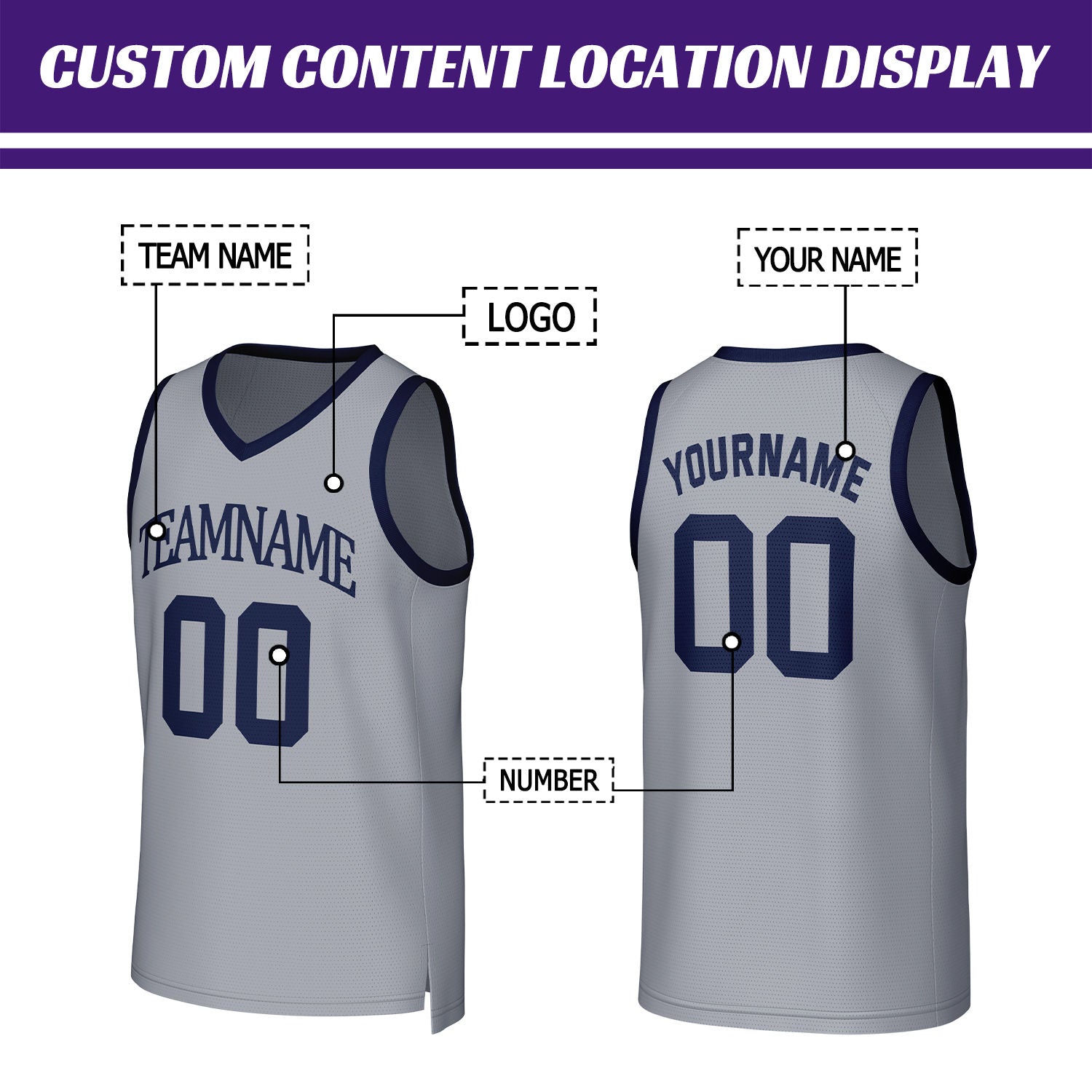 Custom Light Gray & Navy Blue Mesh Basketball Jersey | Personalized Name & Number Team Uniform