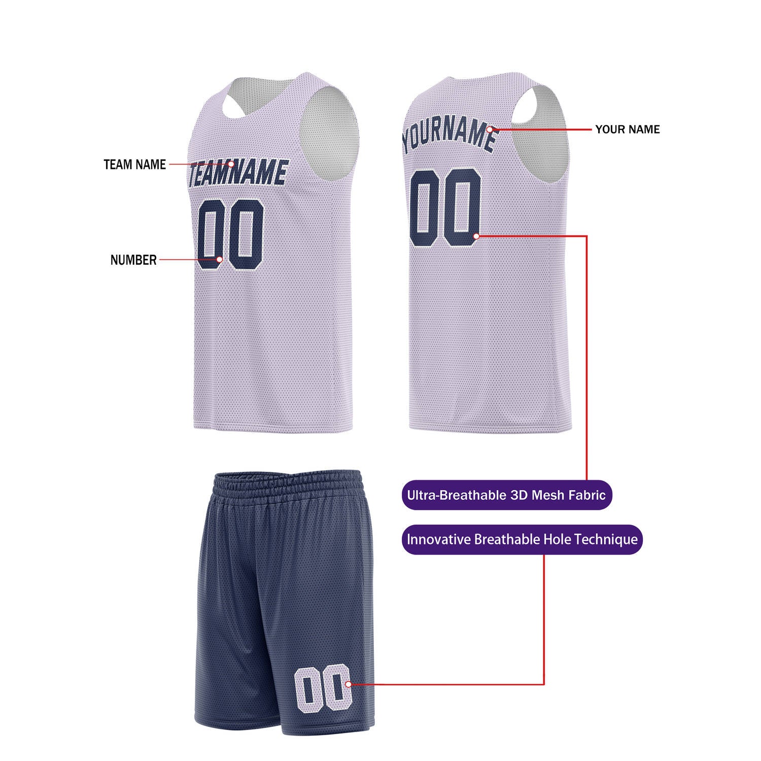 Custom Light Lavender & Navy Basketball Jersey + Shorts Set - Personalized Team Name, Number | Vosoli
