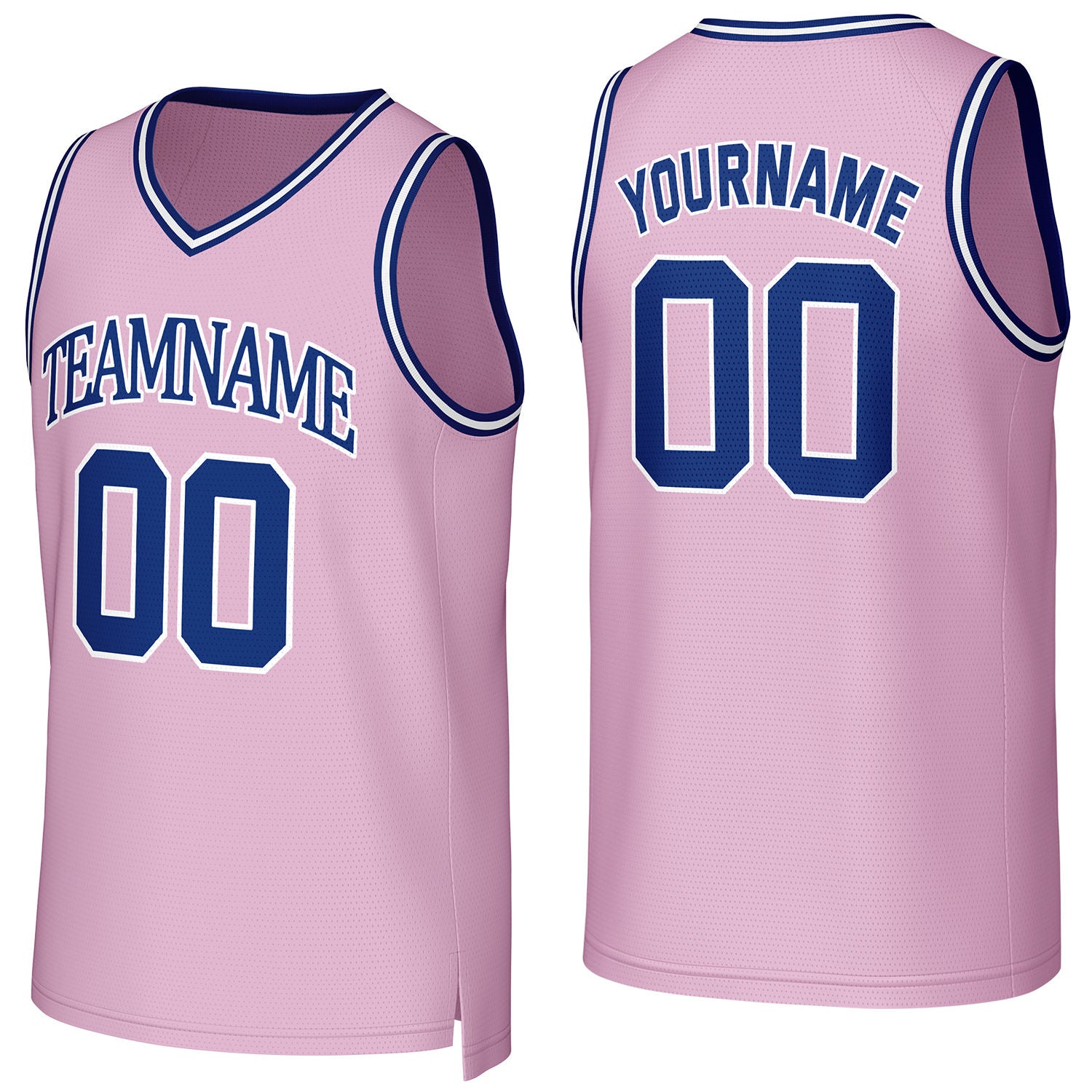 Custom light pink-navy V-neck mesh basketball jersey by Vosoli | Personalized name & number team uniform for youth & adults