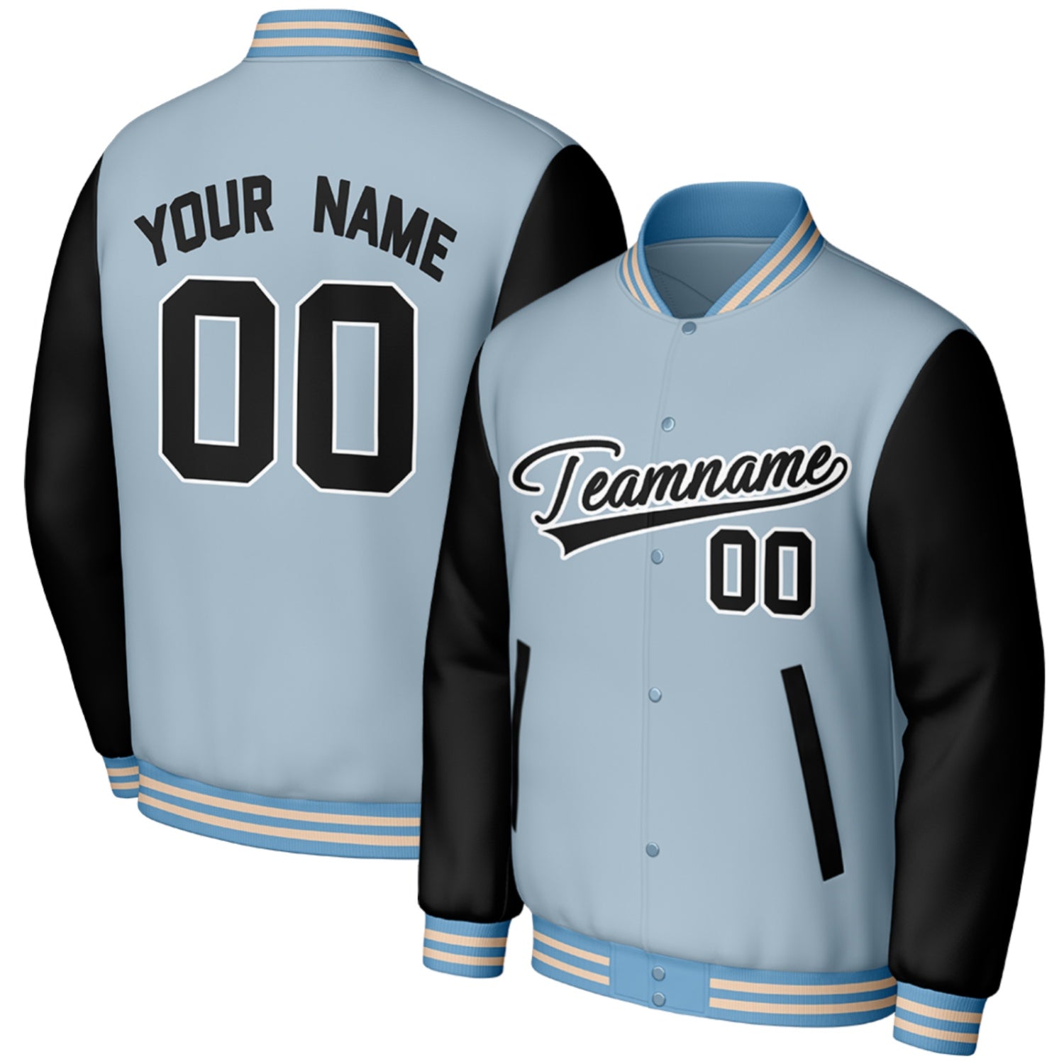 custom lightblue black baseball jackets for baseball programs by Vosoli, personalized stitched name, number & logo, classic button up varsity letterman jacket for baseball programs and casual wear