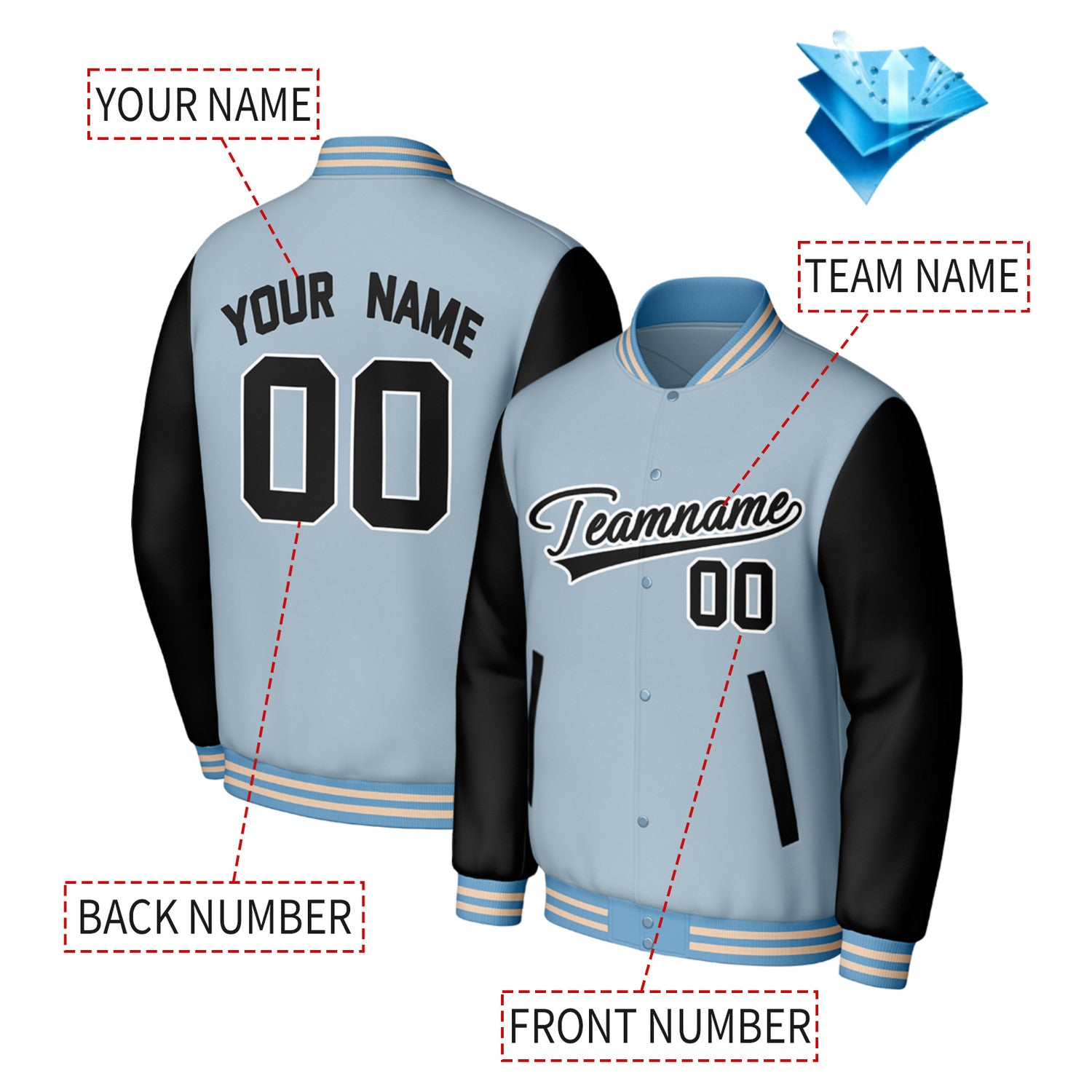 Custom Light Blue & Black Varsity Baseball Jacket | Personalized Jacket with Stitched Name & Number for Adult & Youth
