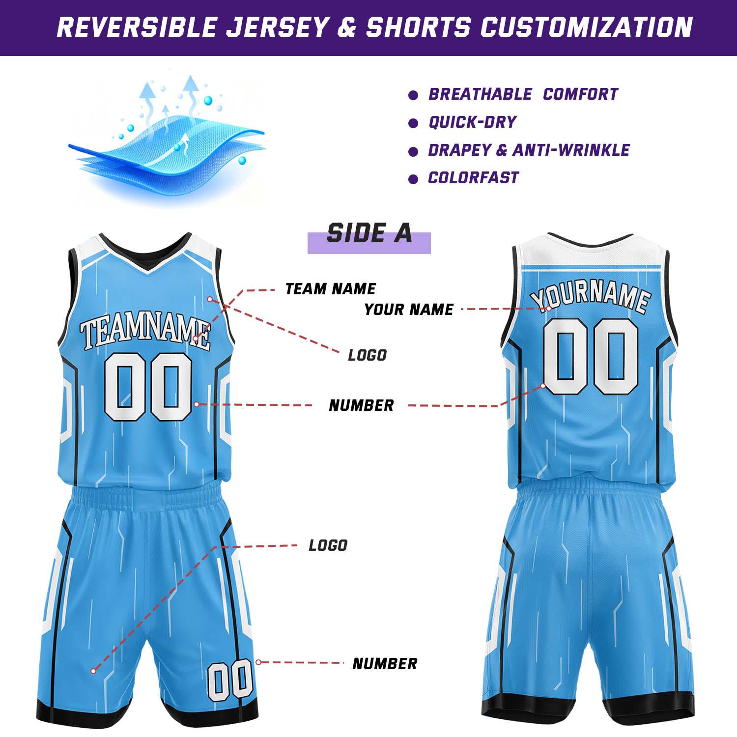 Custom Light Blue & Black Reversible Circuit Geometric Basketball Jersey Shorts Set | Personalized Team Uniform