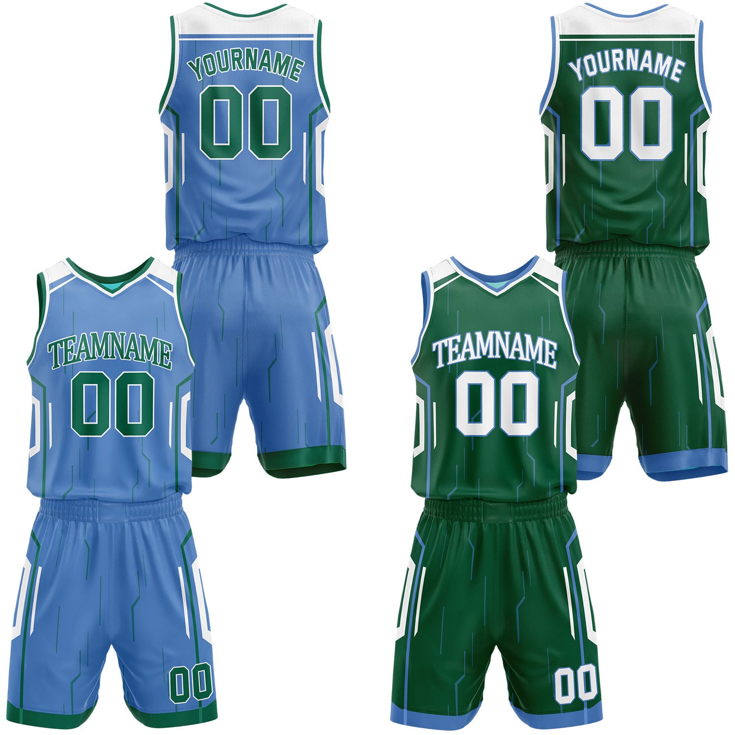 Custom light blue & dark green reversible basketball jersey shorts set by Vosoli | Personalized block team name number circuit geometric uniform sportswear