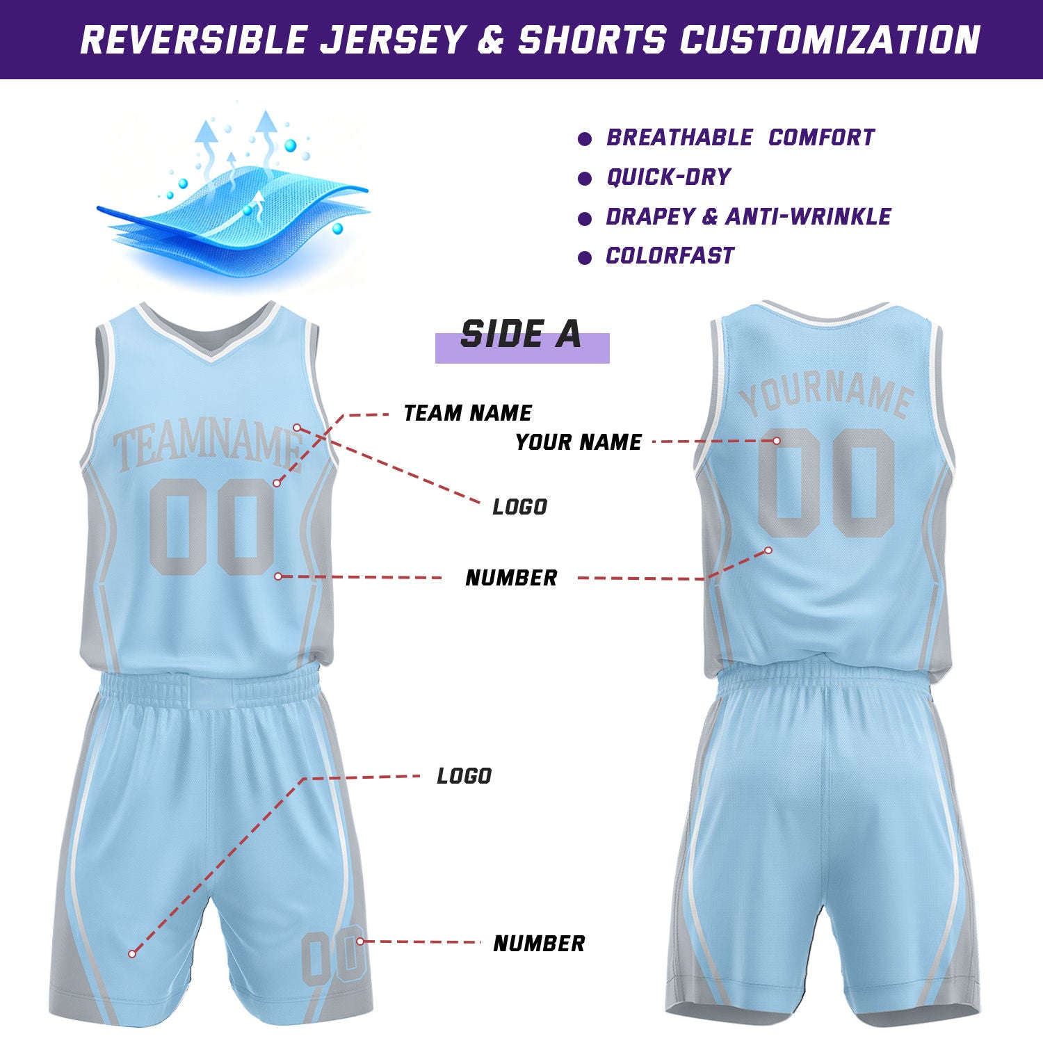 Custom Light Blue & Gray Reversible Geometric Basketball Jersey Shorts Set | Personalized Team Uniform