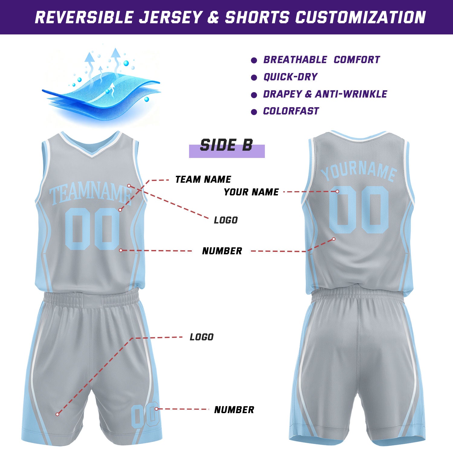 Custom Light Blue & Gray Reversible Geometric Basketball Jersey Shorts Set | Personalized Team Uniform