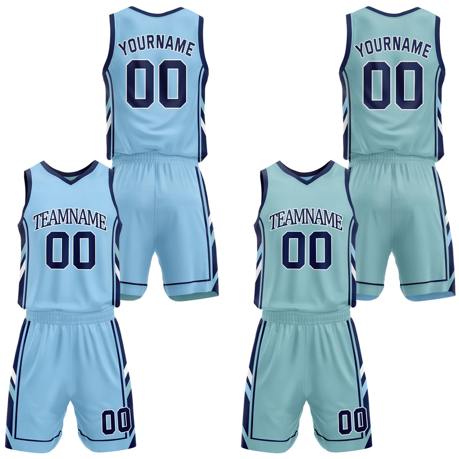 Custom light blue & mint reversible basketball uniform set by Vosoli | Personalized team name, number & logo | Breathable mesh jersey and shorts sport set
