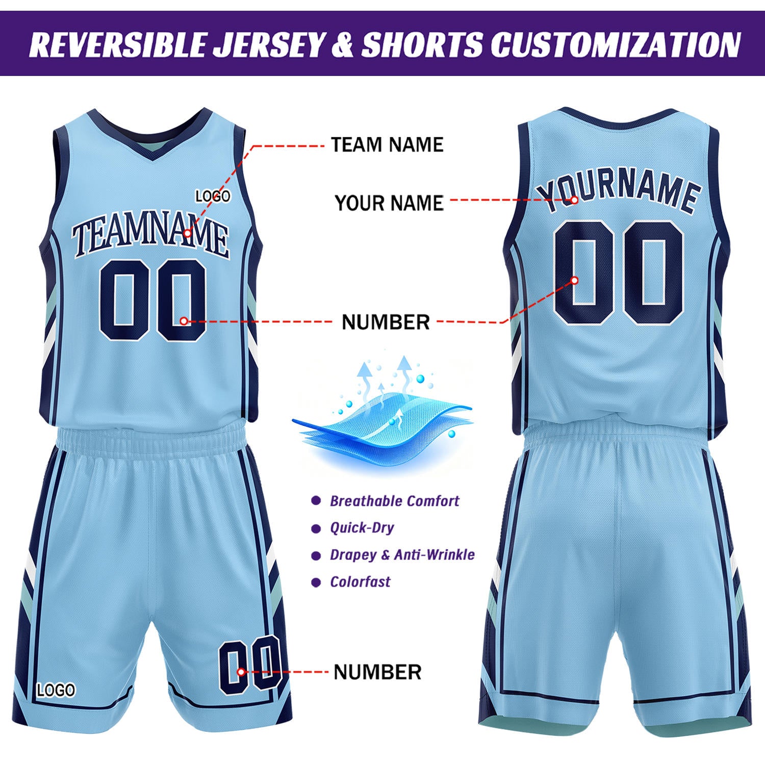 Custom Light Blue & Mint Reversible Basketball Uniform Set | Personalized Name Number Mesh Jersey Shorts Kit