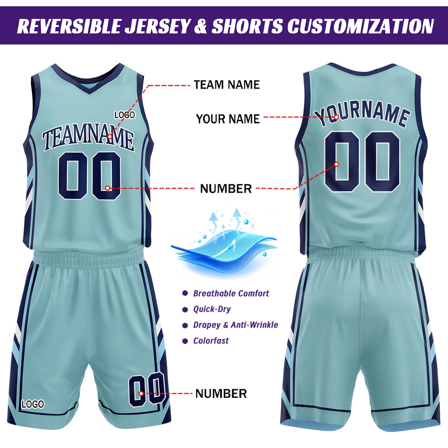 Custom Light Blue & Mint Reversible Basketball Uniform Set | Personalized Name Number Mesh Jersey Shorts Kit