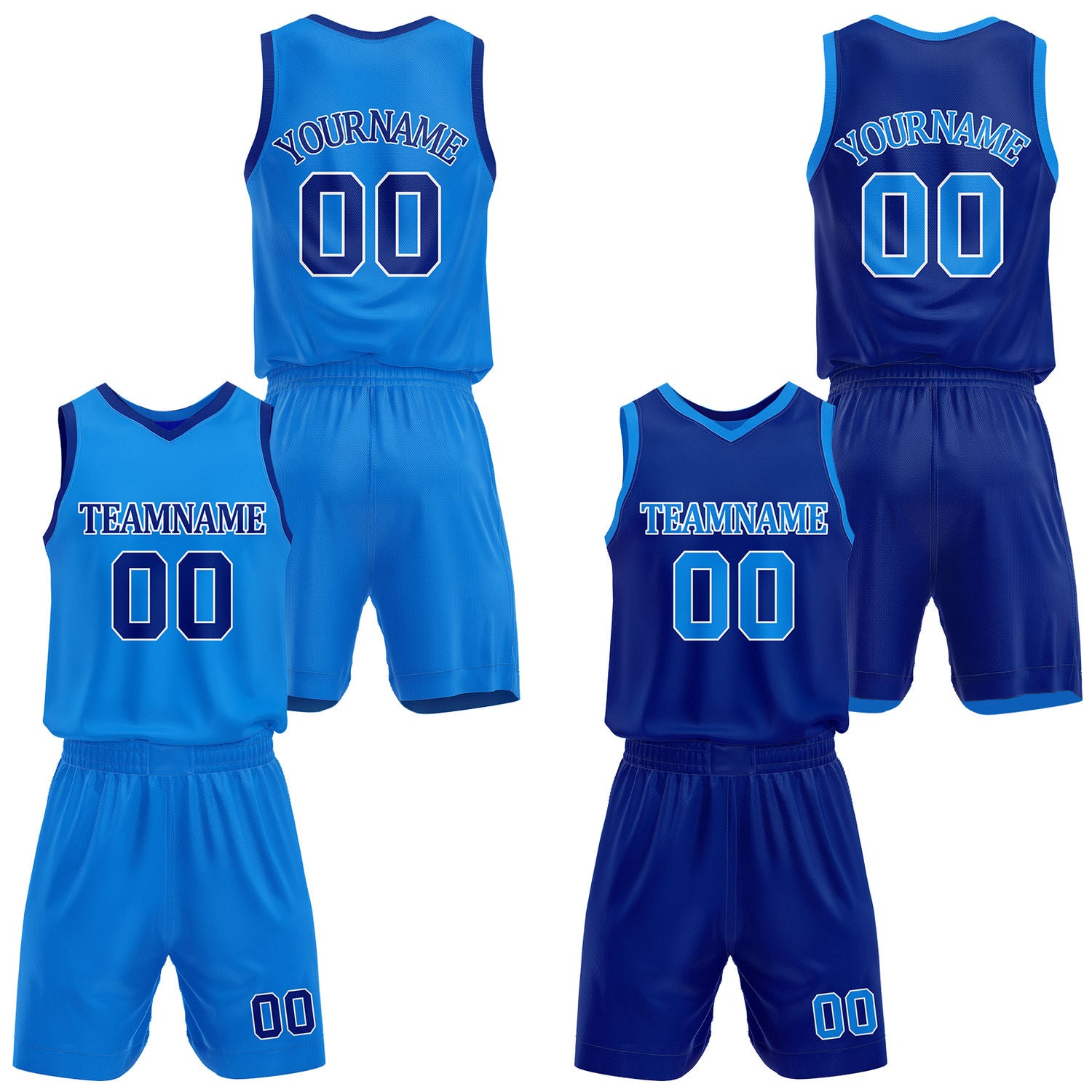 Custom light blue & royal blue reversible basketball jersey shorts set by Vosoli | Personalized team name number casual uniform sportswear