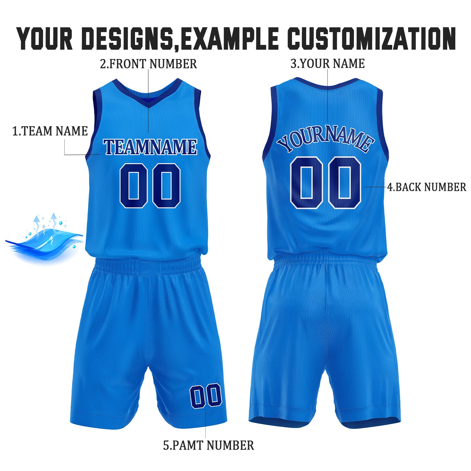 Custom Light Blue & Royal Blue Reversible Basketball Jersey Shorts Set | Personalized Full Team Uniform