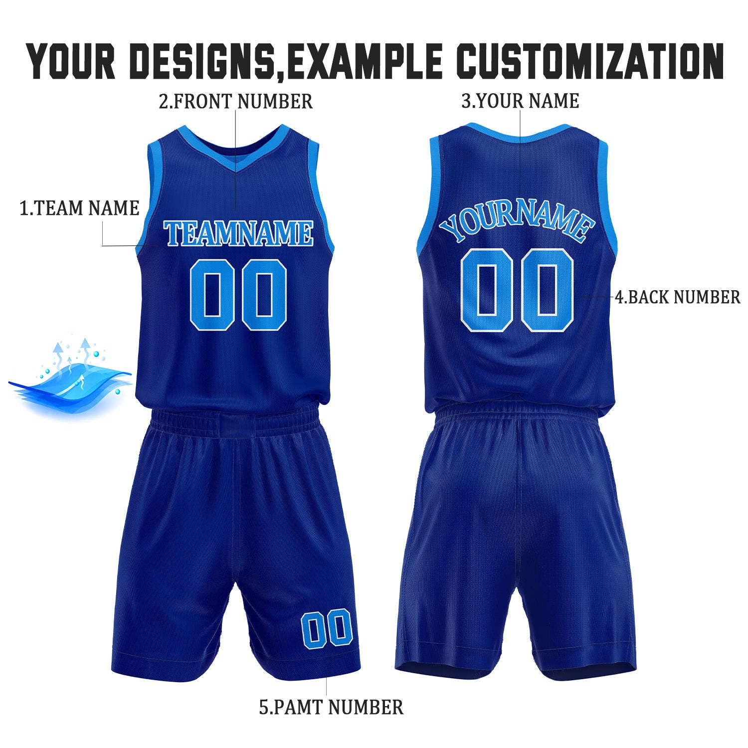Custom Light Blue & Royal Blue Reversible Basketball Jersey Shorts Set | Personalized Full Team Uniform